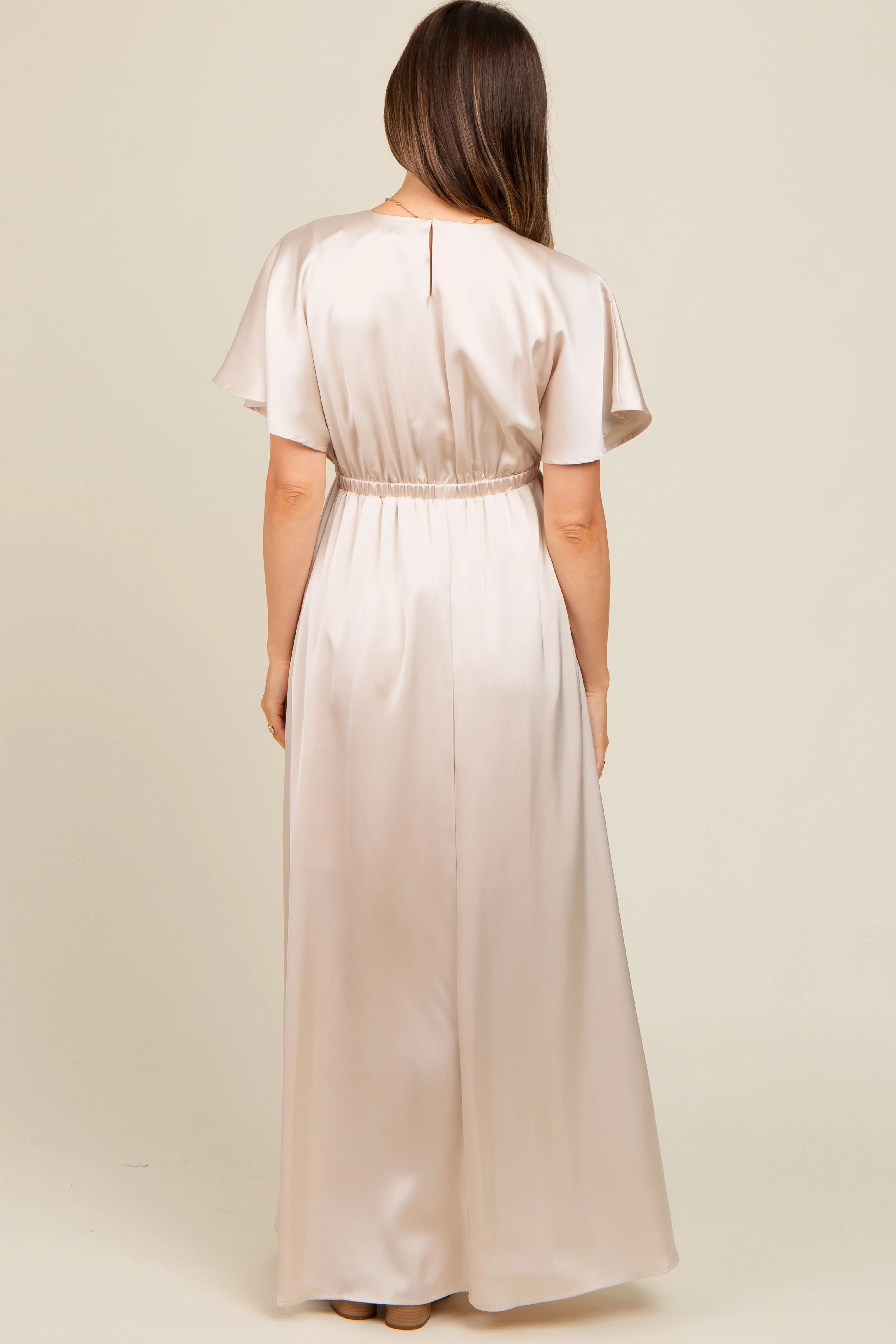 Cream Satin V-Neck Flutter Short Sleeve Maternity Maxi Dress sold by Pinkblush product image thumbnail 3