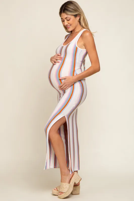 Multi Color Striped Open Back Maternity Maxi Dress sold by Pinkblush