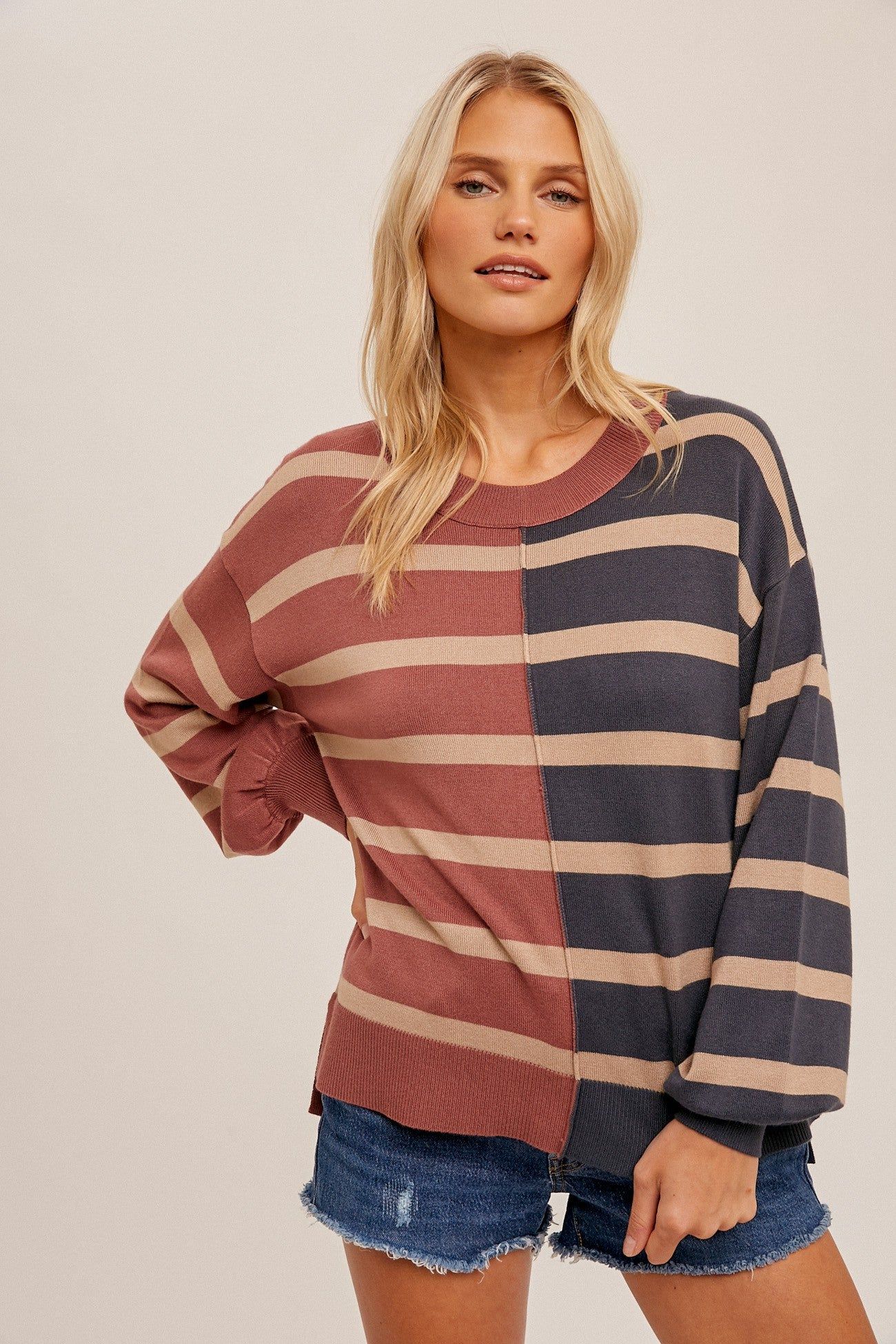 Mauve Striped Colorblock Knit Top sold by Pinkblush