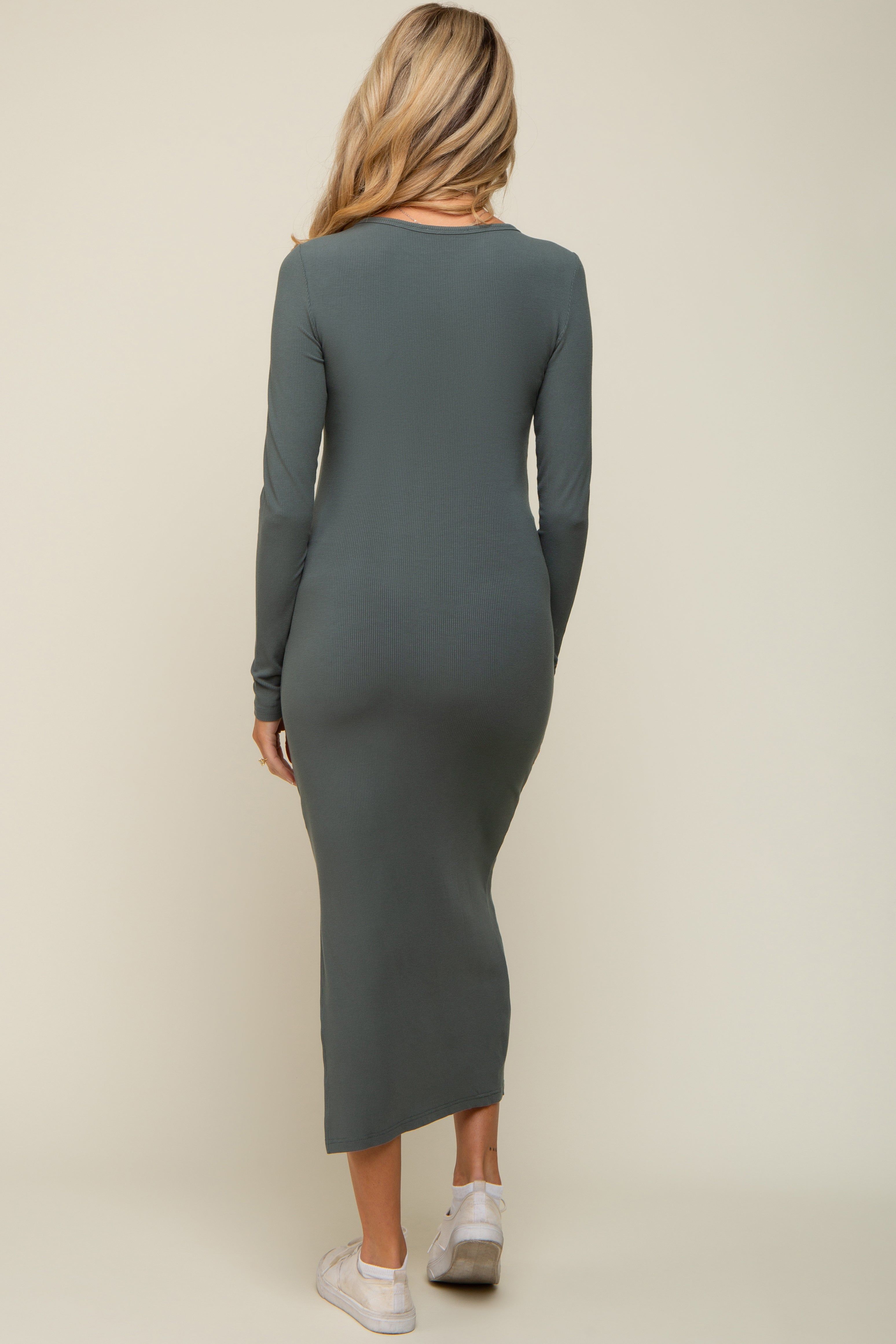 Olive Ribbed Front Button Long Sleeve Maternity Midi Dress sold by Pinkblush product image thumbnail 3