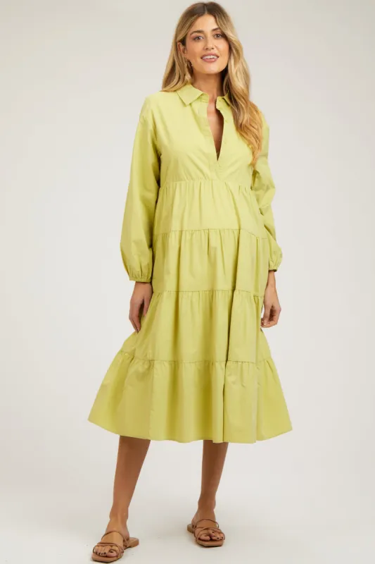 Lime Tiered Collared Maternity Midi Dress sold by Pinkblush