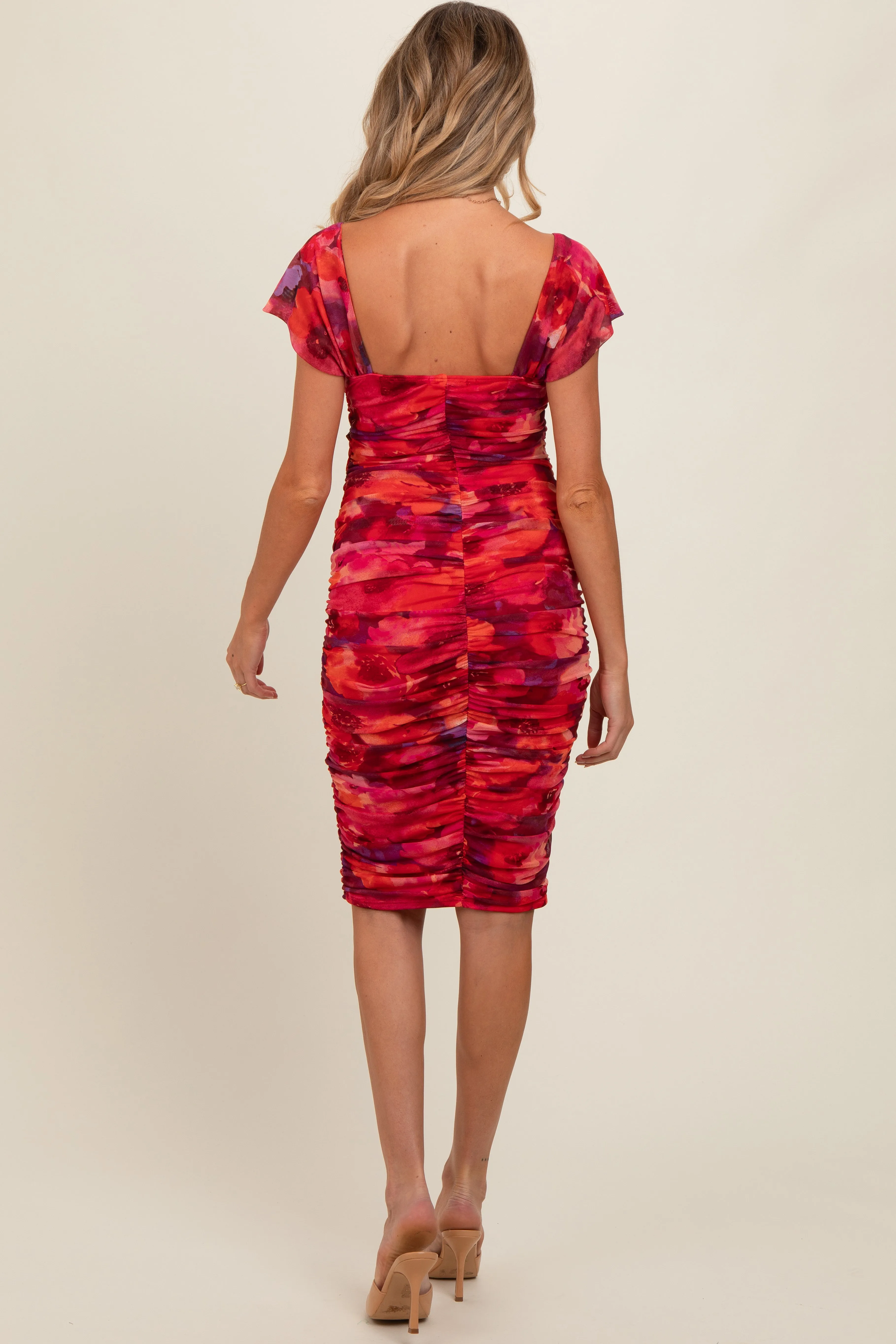 Red Floral Off Shoulder Ruched Maternity Fitted Dress sold by Pinkblush product image thumbnail 4