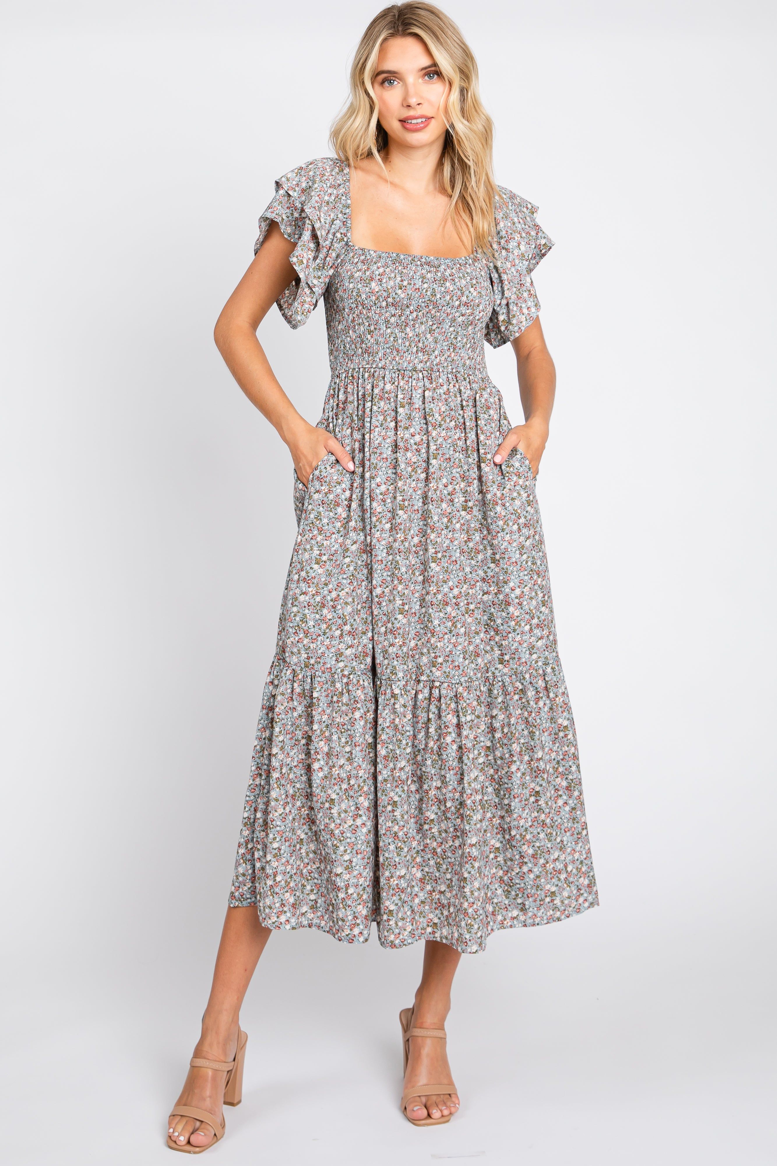 Light Blue Floral Flutter Maternity Midi Dress sold by Pinkblush product image thumbnail 5