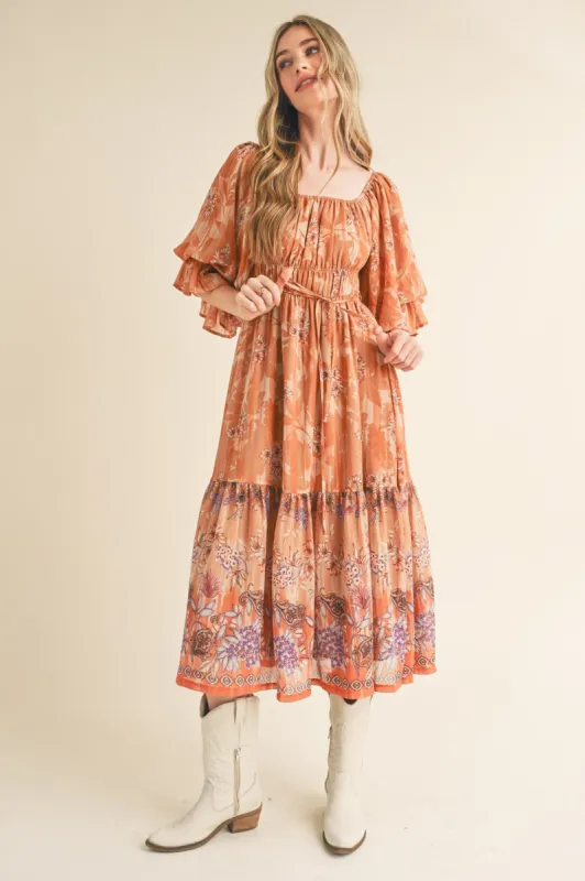 Rust Floral Puff Sleeve Tiered Midi Dress sold by Pinkblush