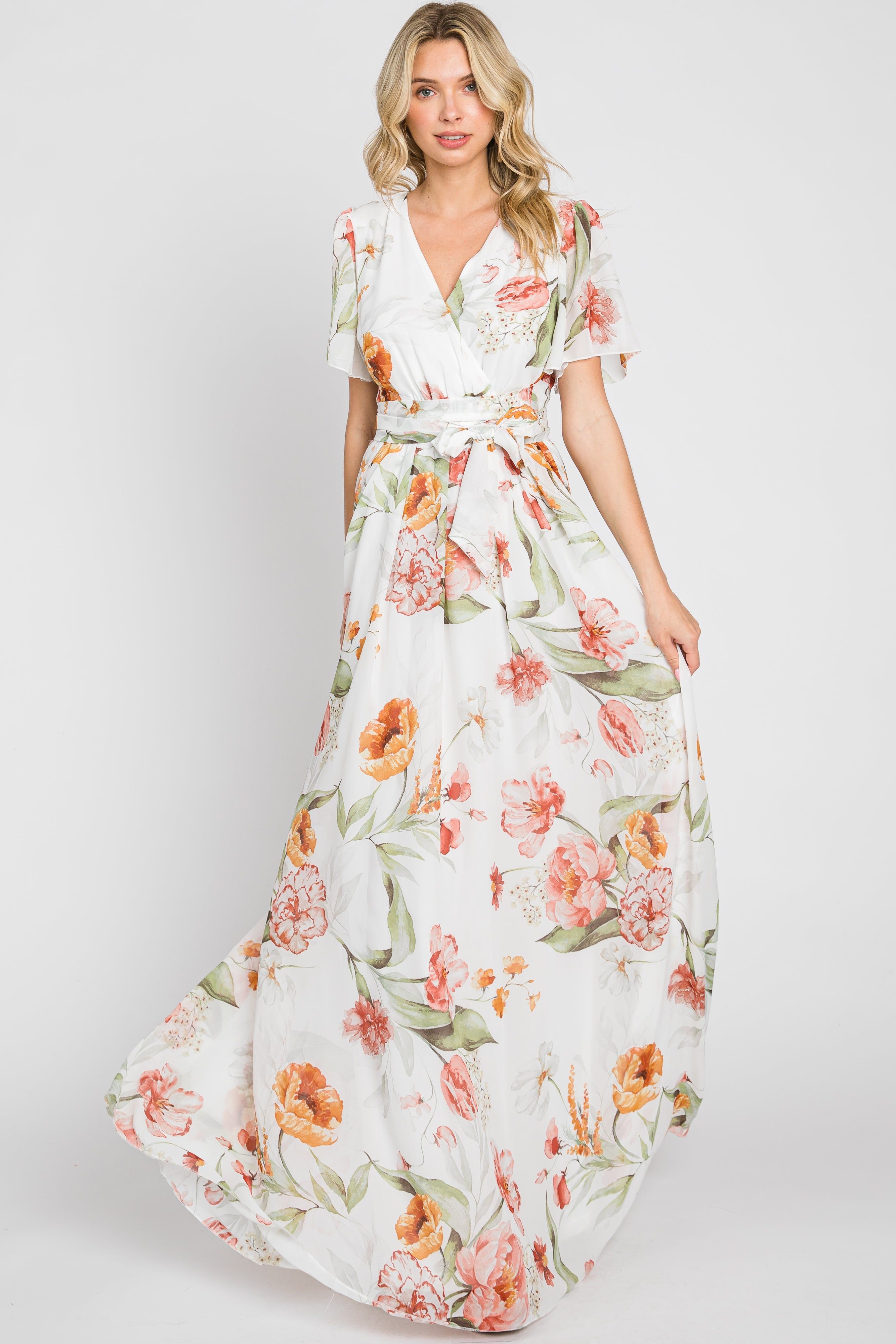 Ivory Floral Chiffon Wrap Front Short Sleeve Maternity Maxi Dress sold by Pinkblush product image thumbnail 5