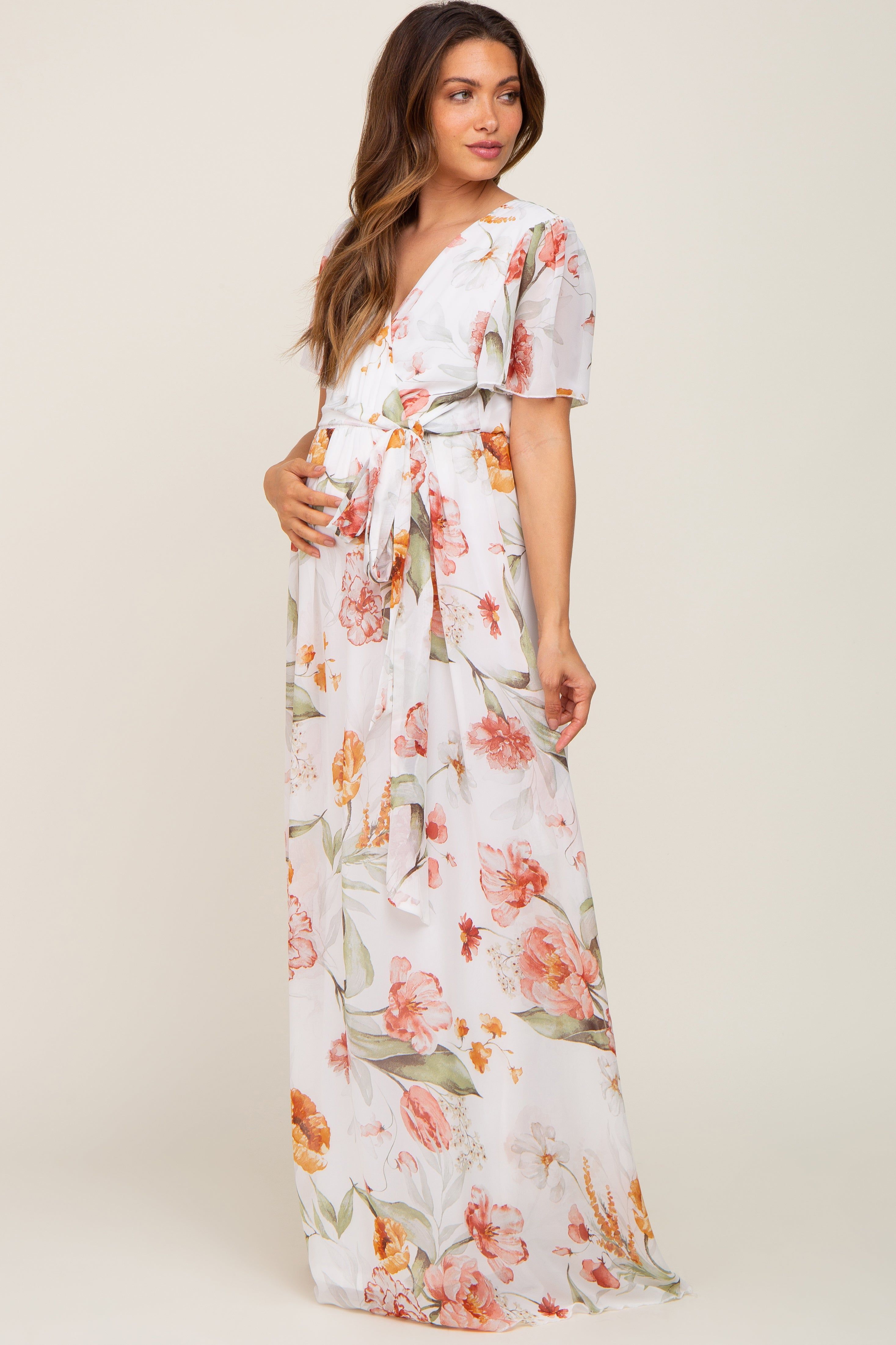 Ivory Floral Chiffon Wrap Front Short Sleeve Maternity Maxi Dress sold by Pinkblush product image thumbnail 2