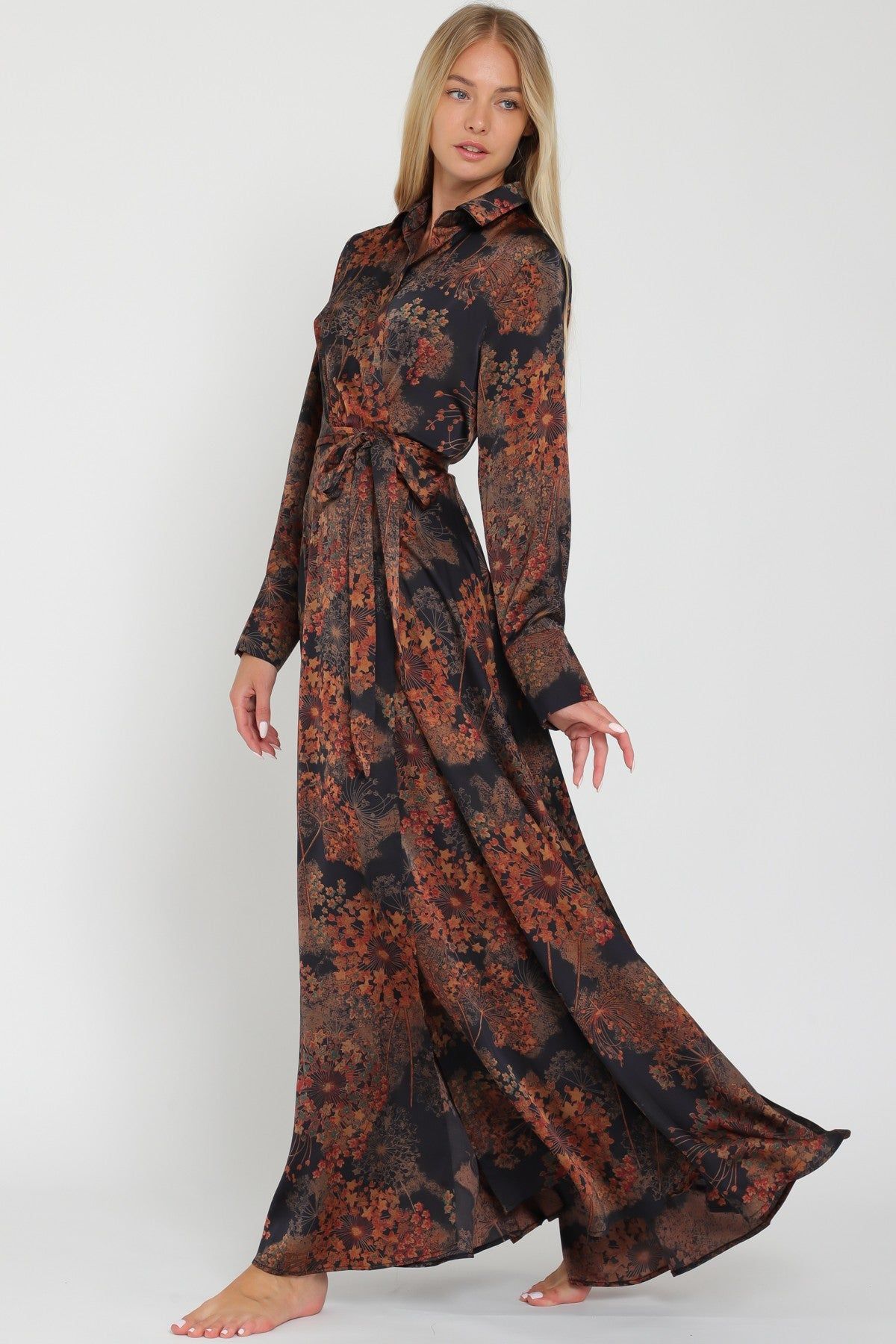 Black Long Sleeve Shirt Collar Wrap Maxi Dress sold by Pinkblush product image thumbnail 2