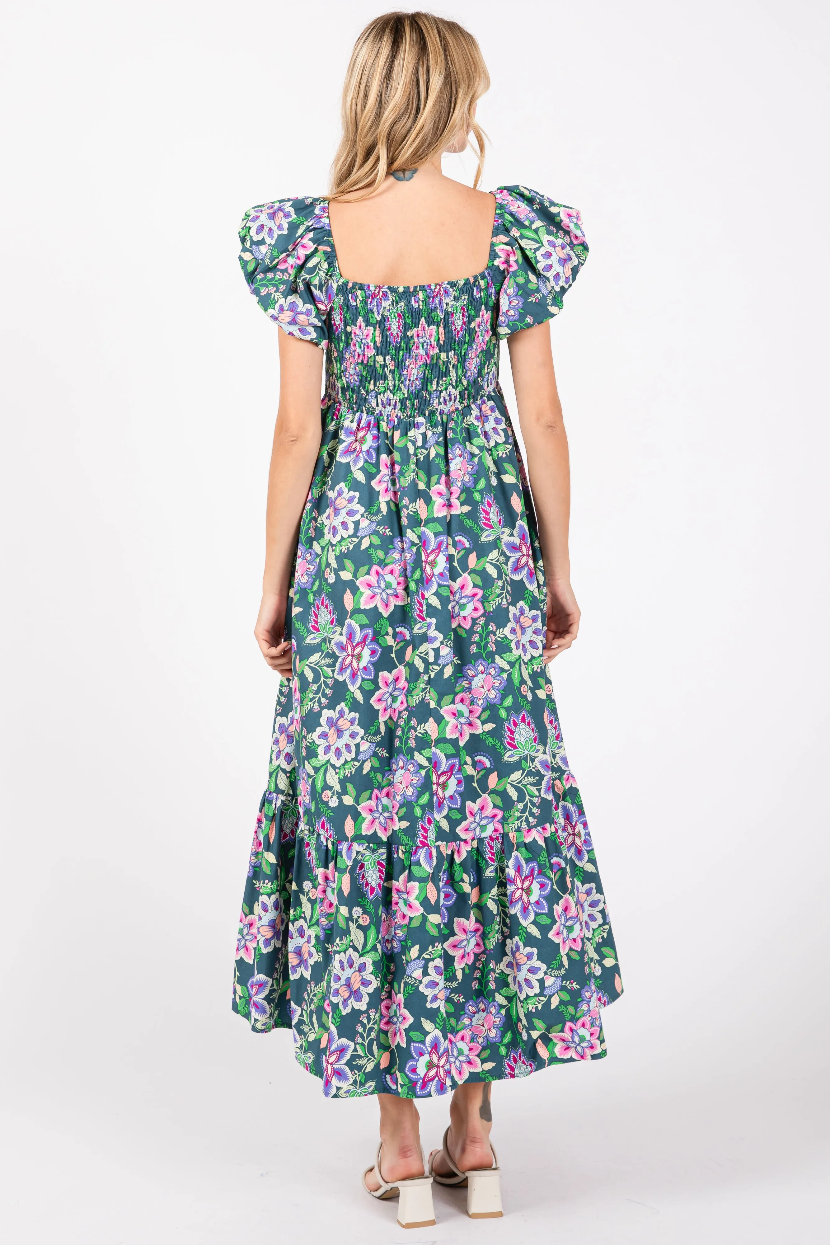 Green Floral Square Neck Puffy Sleeves Dress sold by Pinkblush product image thumbnail 3