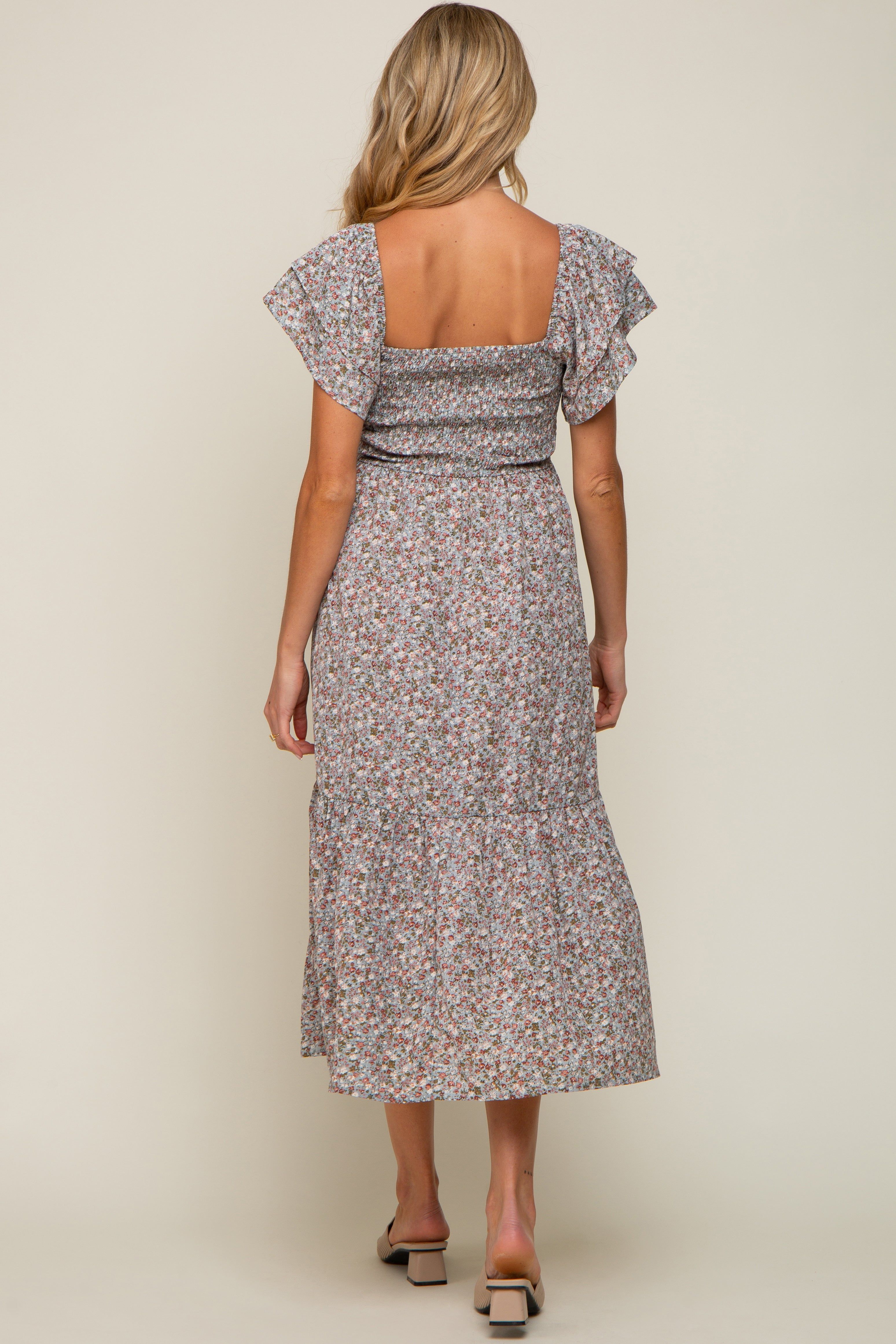 Light Blue Floral Flutter Maternity Midi Dress sold by Pinkblush product image thumbnail 3