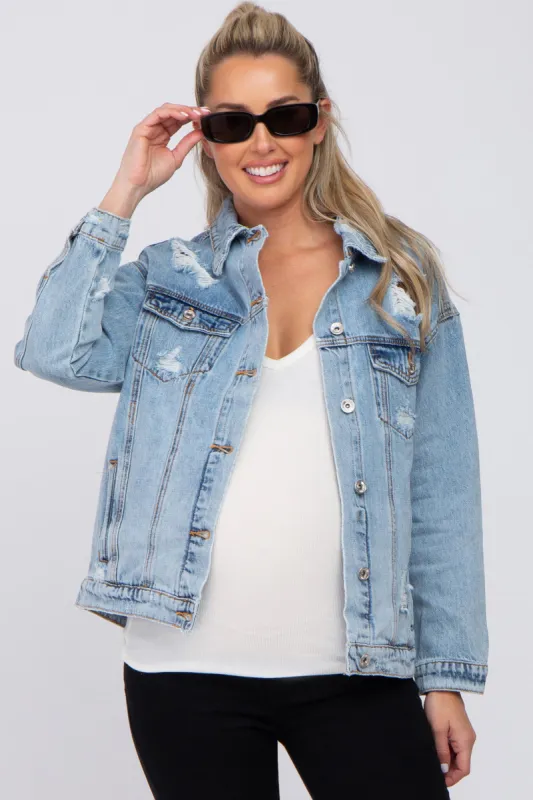 Light Blue Distressed Denim Maternity Jacket sold by Pinkblush