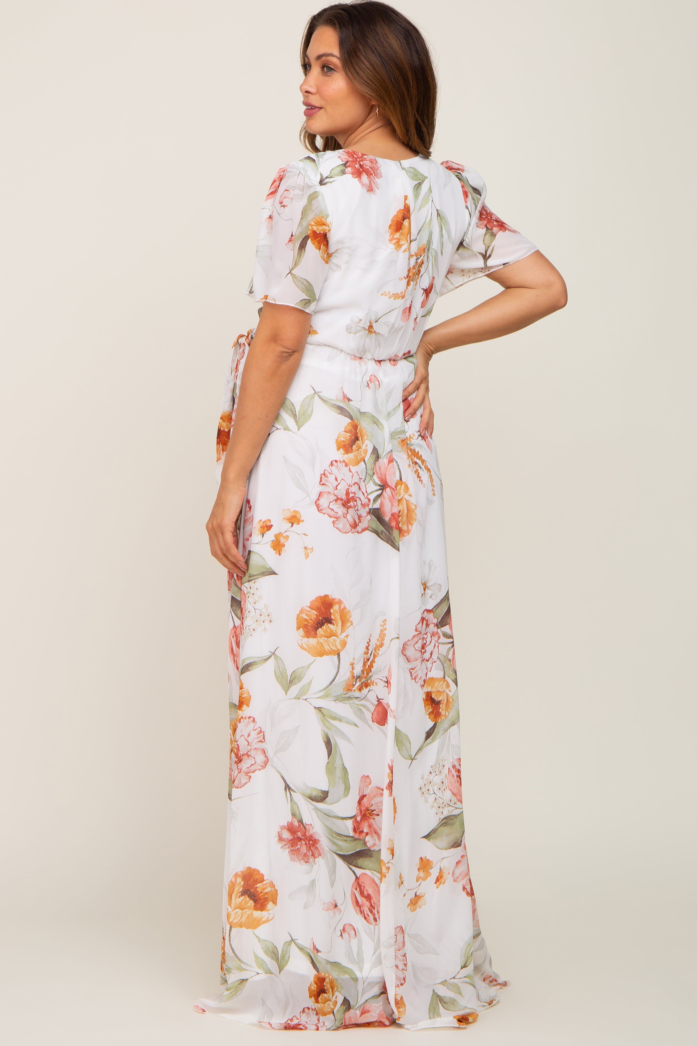 Ivory Floral Chiffon Wrap Front Short Sleeve Maternity Maxi Dress sold by Pinkblush product image thumbnail 3
