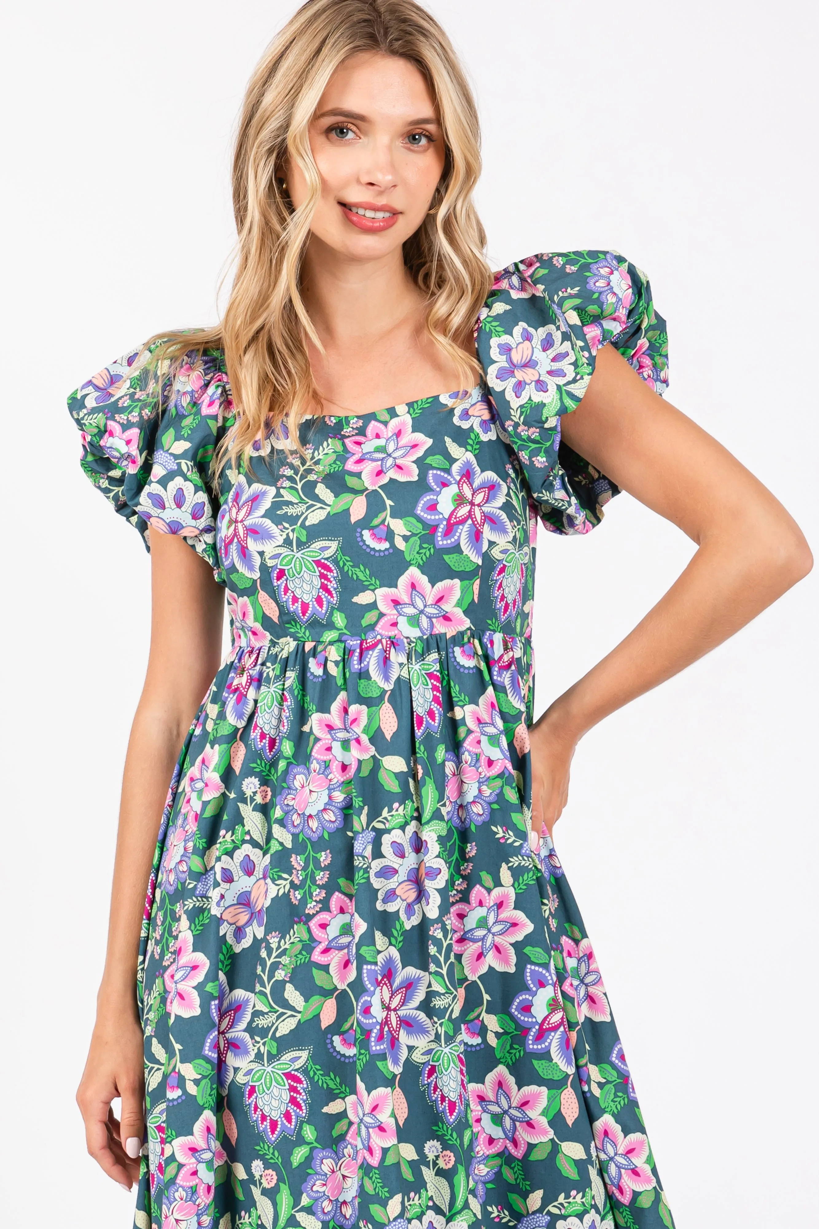 Green Floral Square Neck Puffy Sleeves Dress sold by Pinkblush product image thumbnail 4