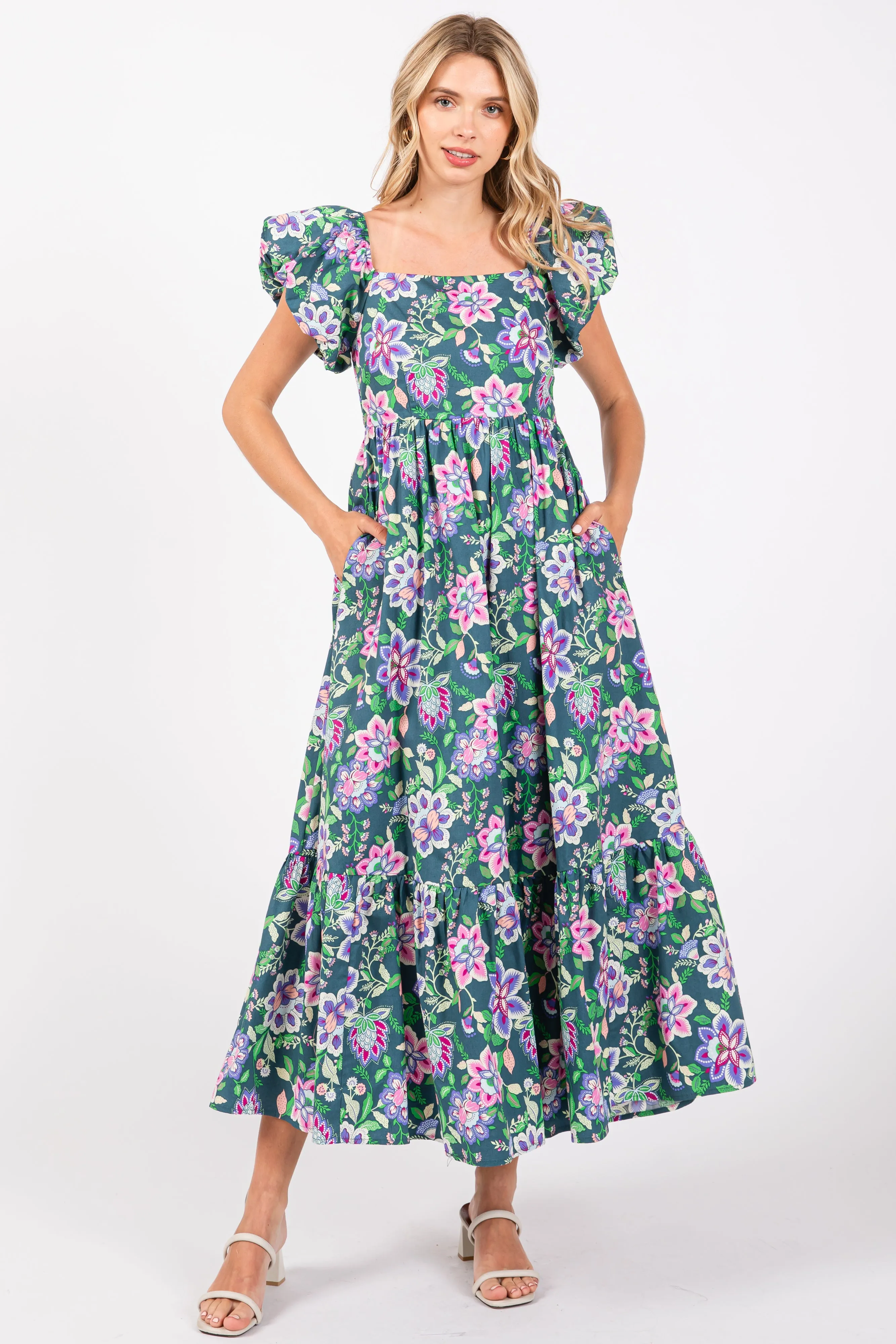 Green Floral Square Neck Puffy Sleeves Dress sold by Pinkblush