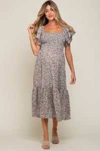 Light Blue Floral Flutter Maternity Midi Dress sold by Pinkblush