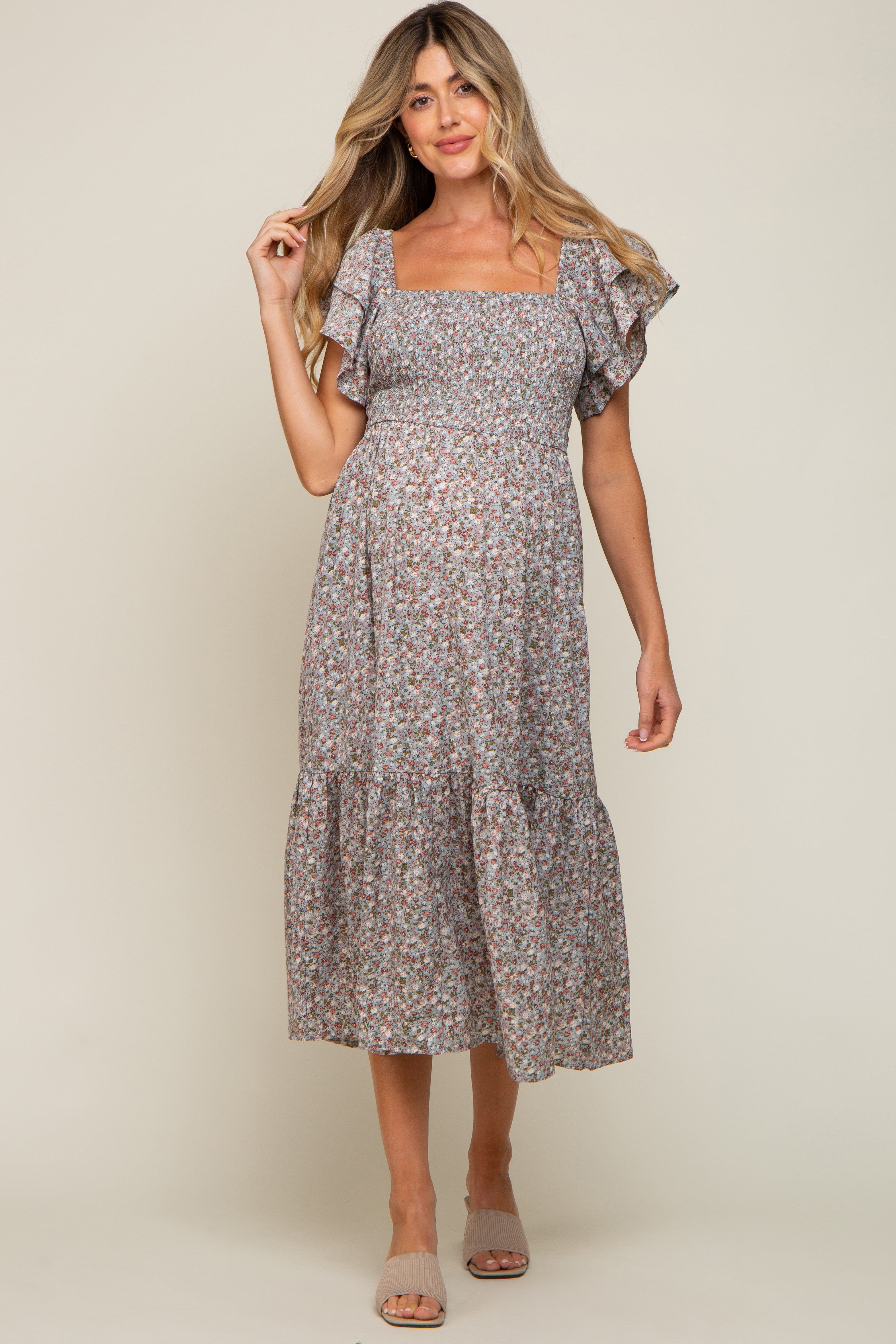 Light Blue Floral Flutter Maternity Midi Dress sold by Pinkblush product image thumbnail 4