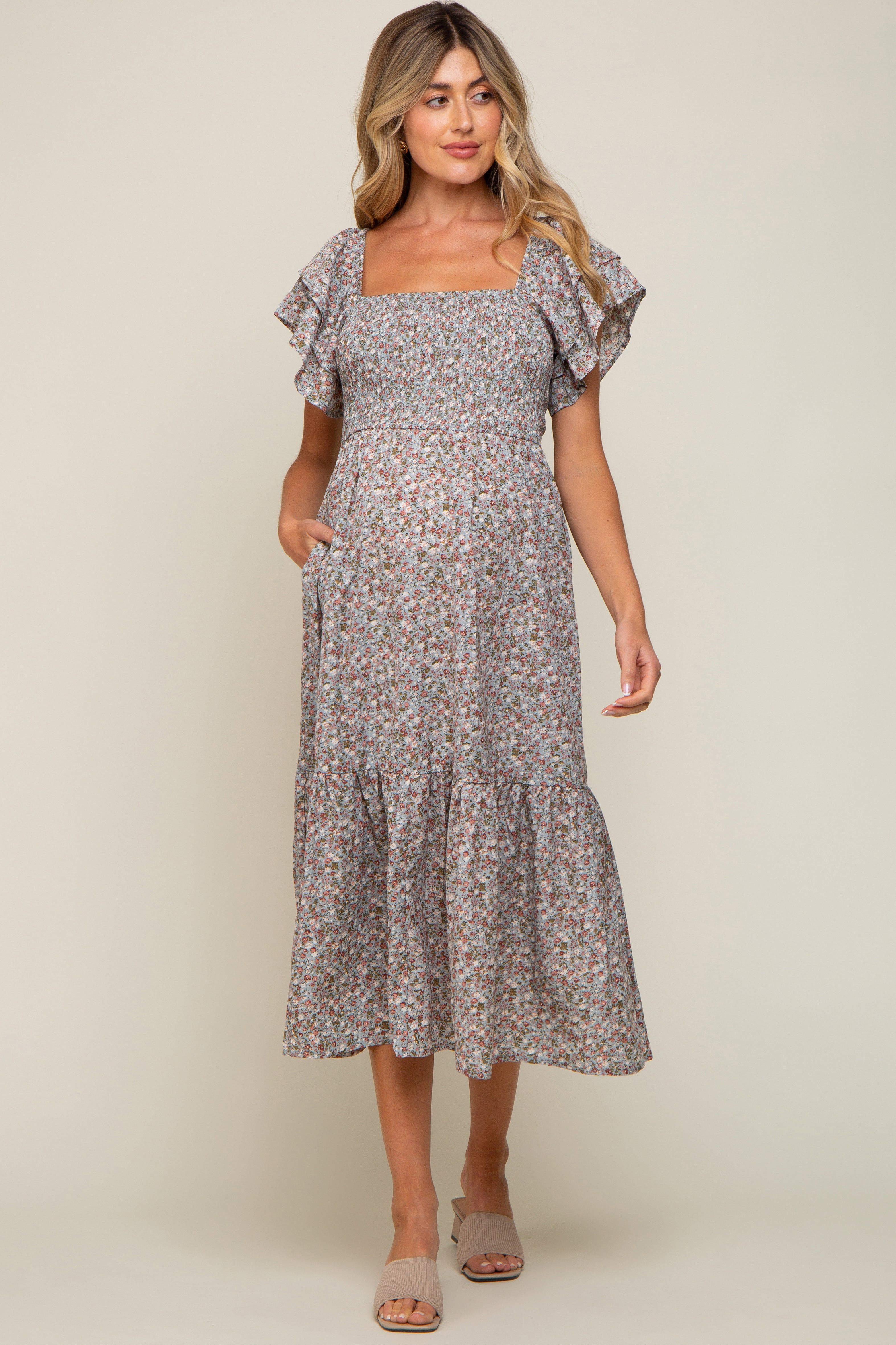 Light Blue Floral Flutter Maternity Midi Dress sold by Pinkblush