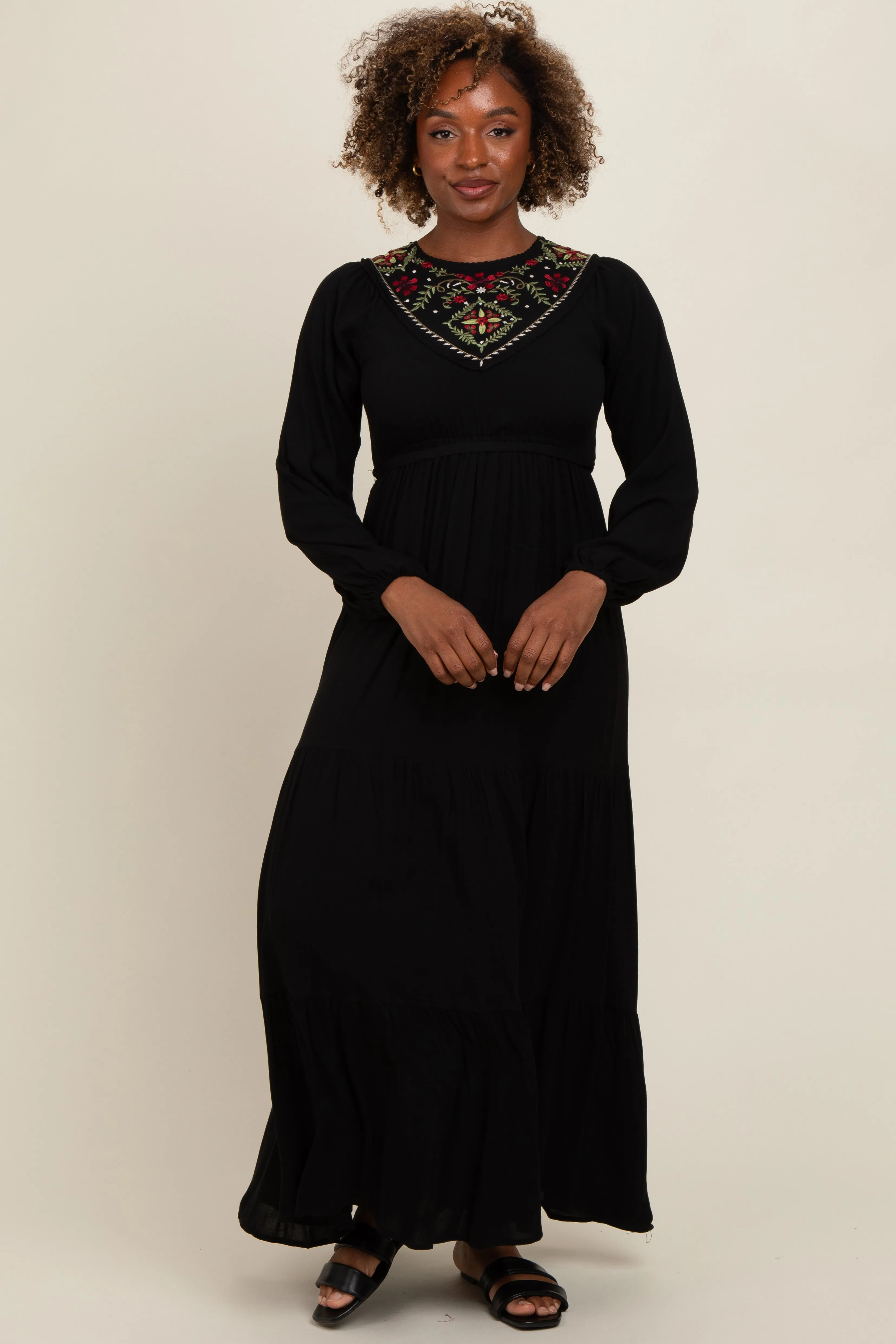 Black Embroidered Tiered Maxi Dress sold by Pinkblush