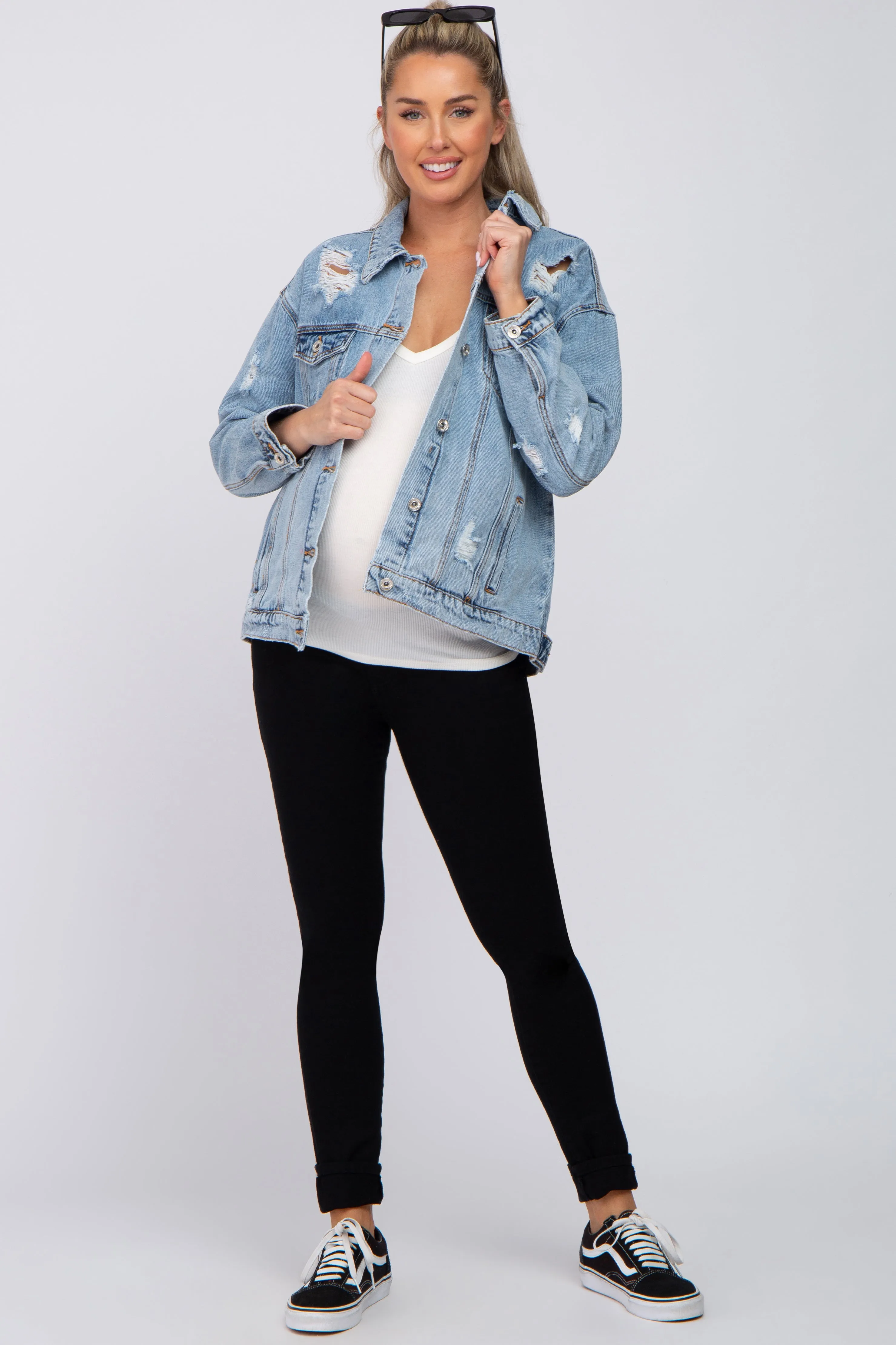 Light Blue Distressed Denim Maternity Jacket sold by Pinkblush product image thumbnail 4