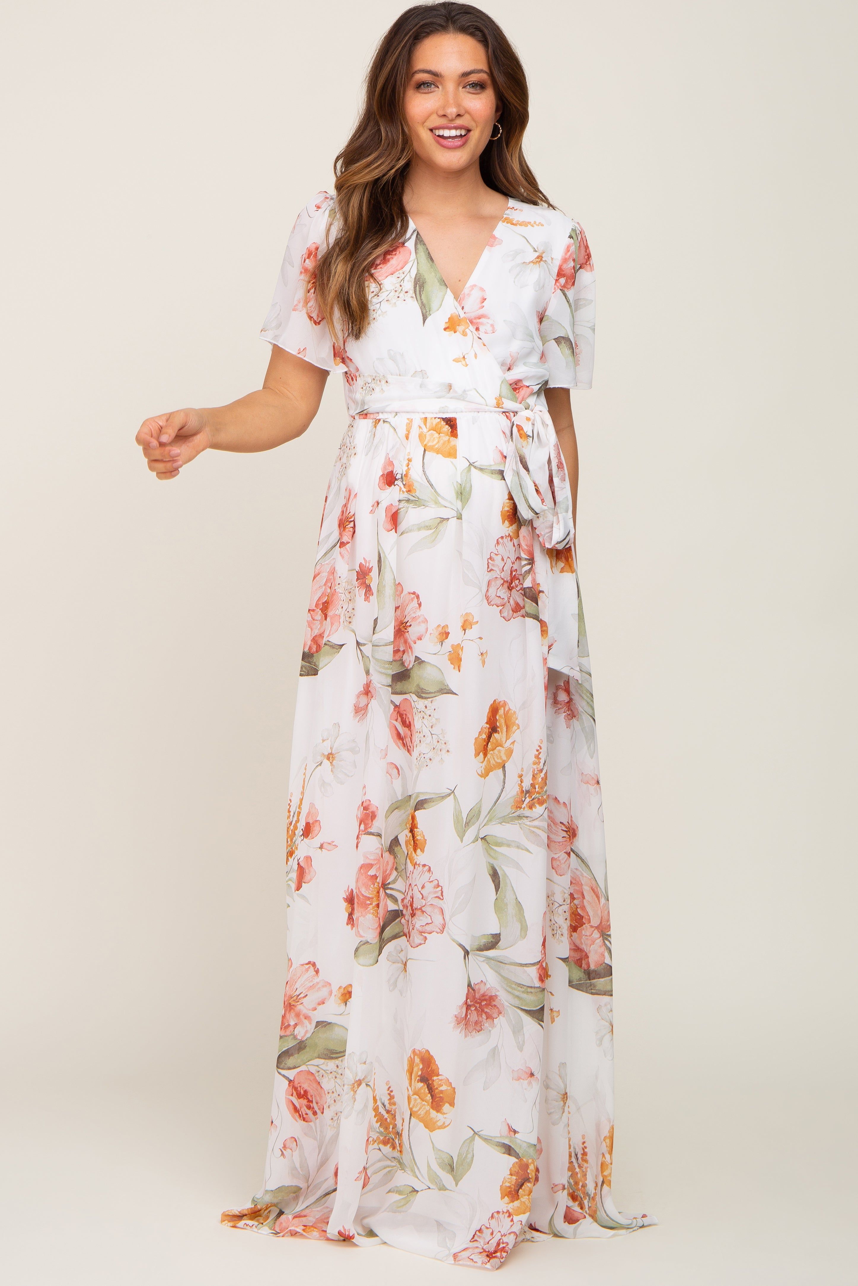 Ivory Floral Chiffon Wrap Front Short Sleeve Maternity Maxi Dress sold by Pinkblush product image thumbnail 4