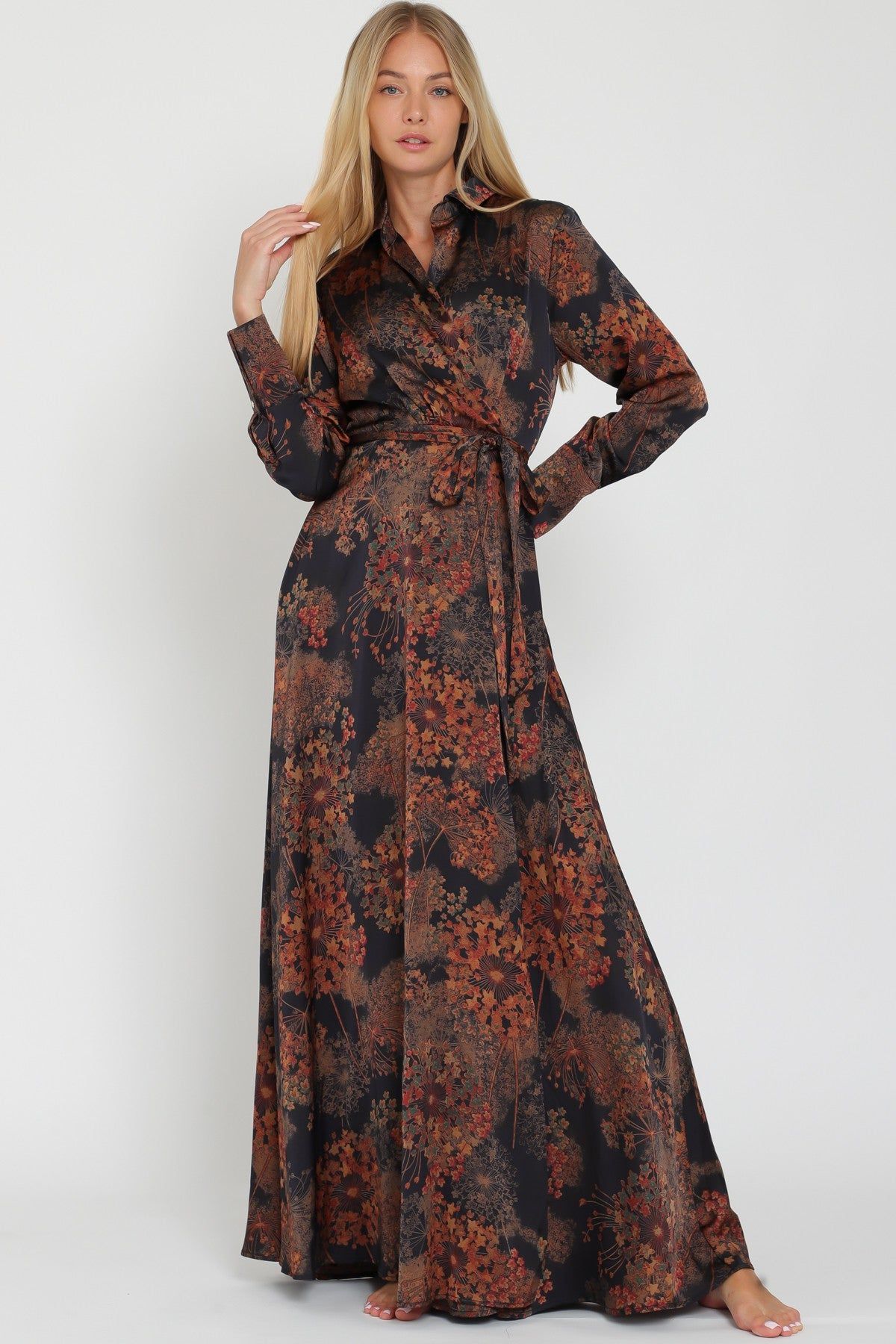 Black Long Sleeve Shirt Collar Wrap Maxi Dress sold by Pinkblush