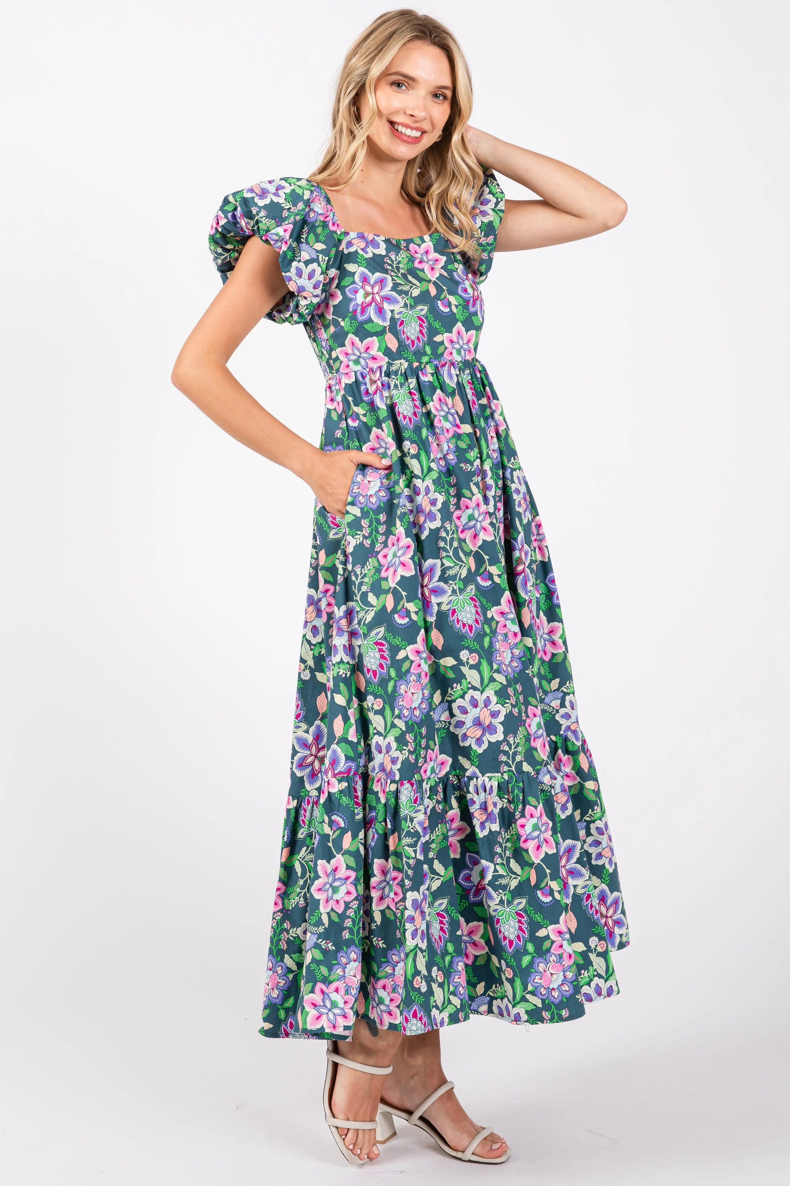 Green Floral Square Neck Puffy Sleeves Dress sold by Pinkblush product image thumbnail 2