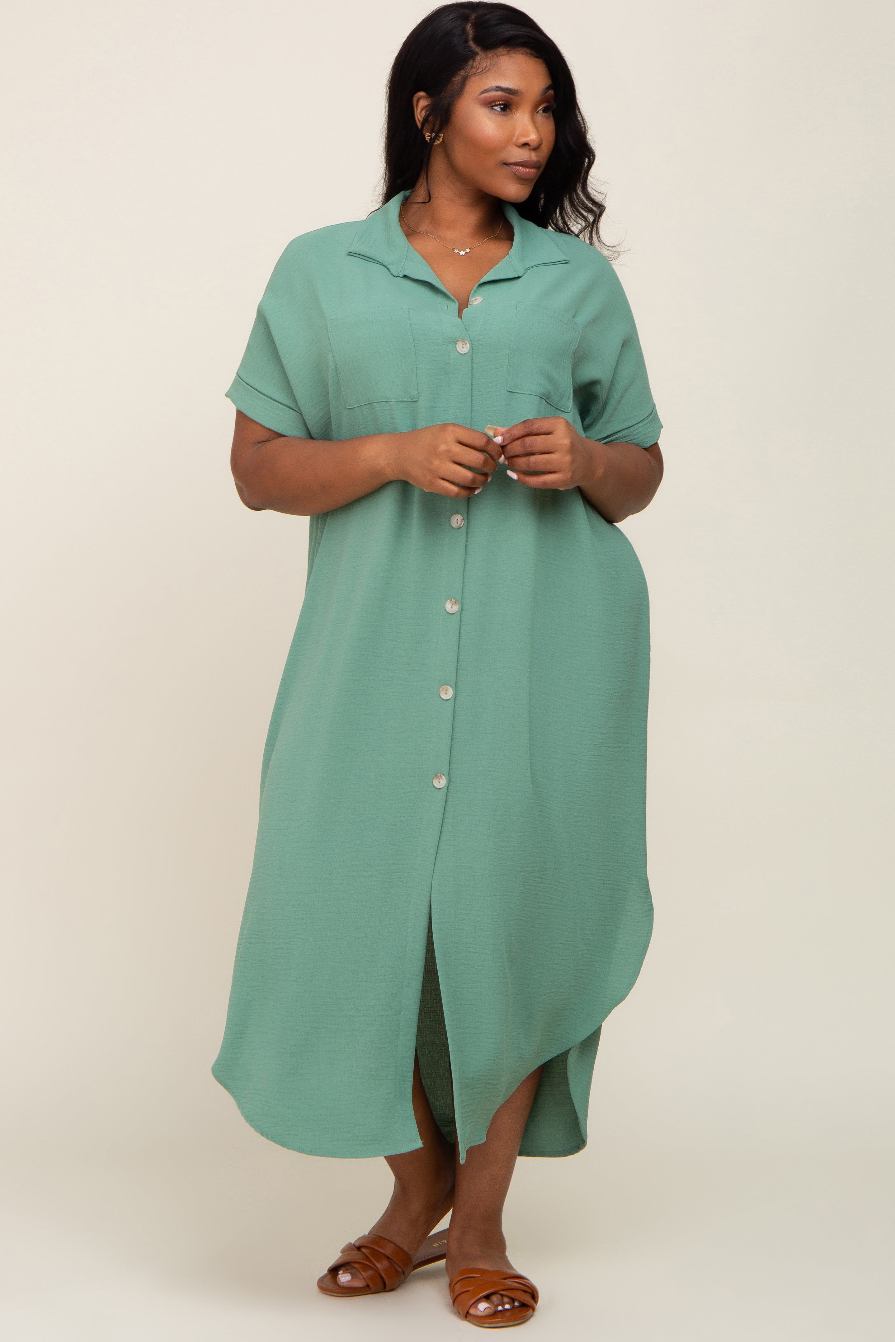 Green Button Down Hi Low Plus Maxi Dress sold by Pinkblush product image thumbnail 4