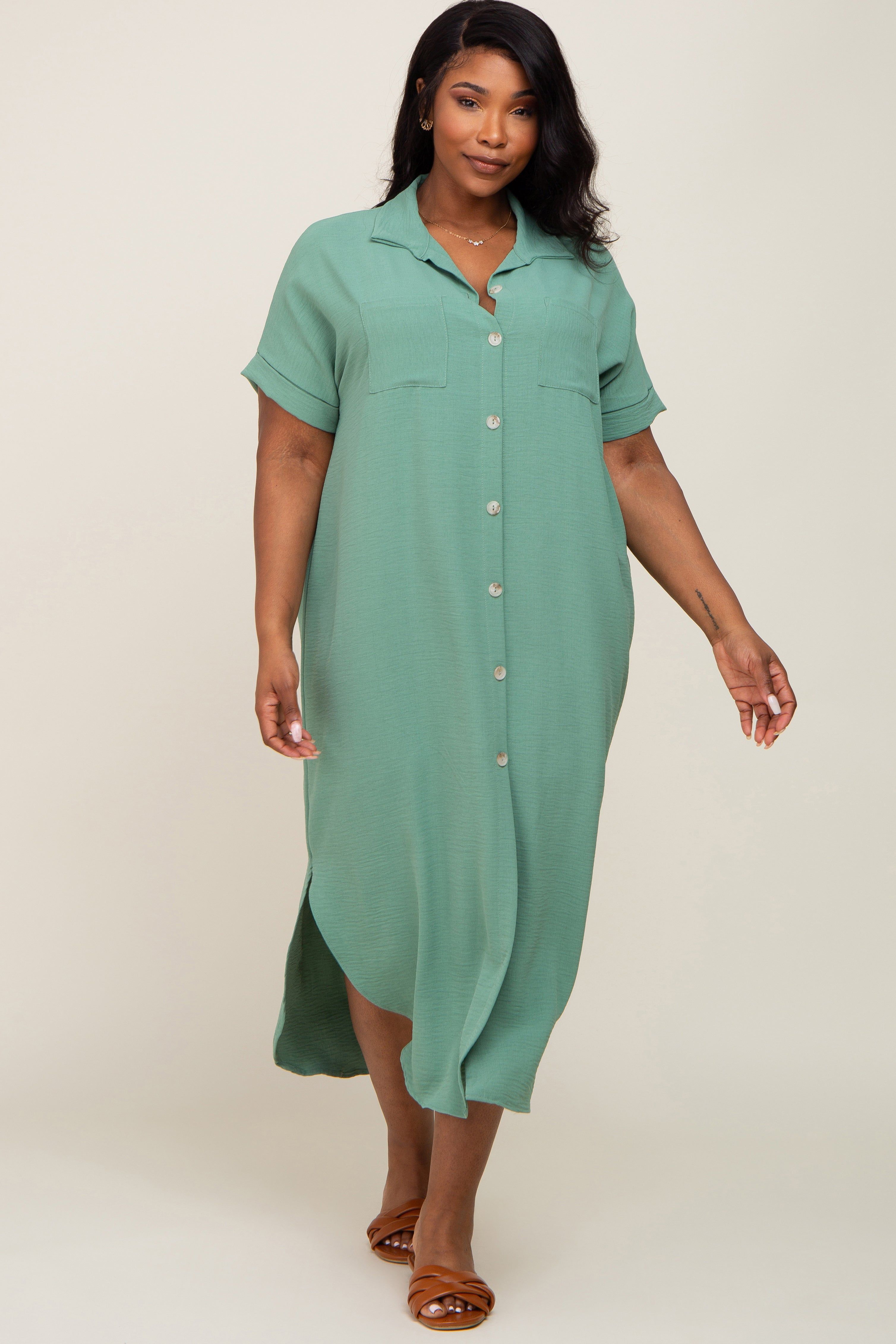 Green Button Down Hi Low Plus Maxi Dress sold by Pinkblush