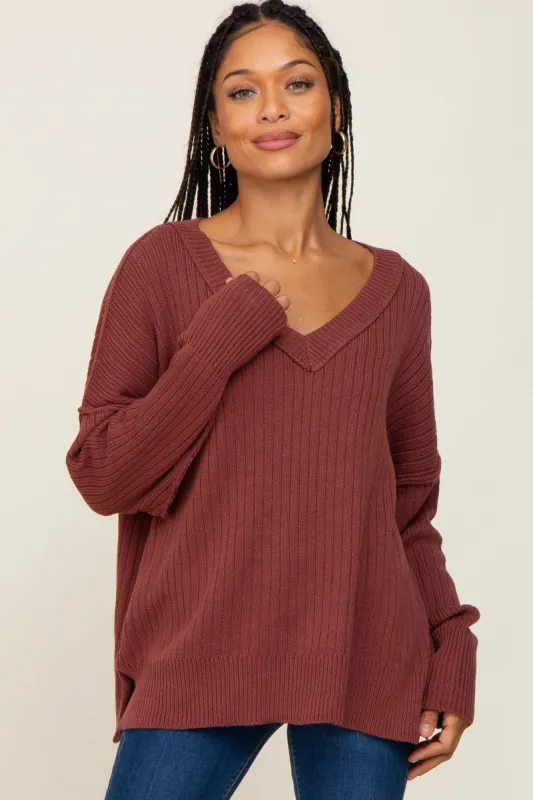 Burgundy V-Neck Oversized Sweater sold by Pinkblush