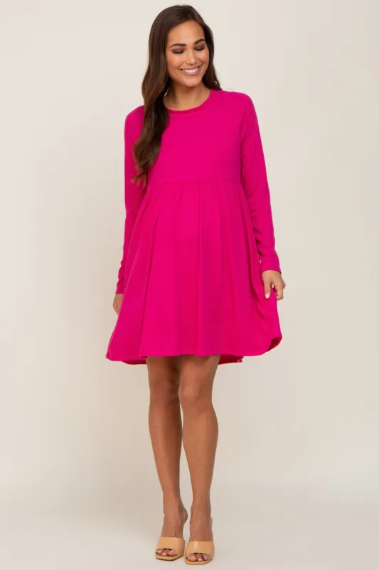 Fuchsia Ribbed Basic Long Sleeve Maternity Dress sold by Pinkblush