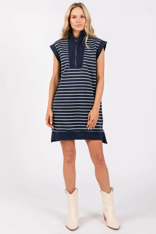 Navy Striped Knit Cap Sleeve Mini Dress sold by Pinkblush