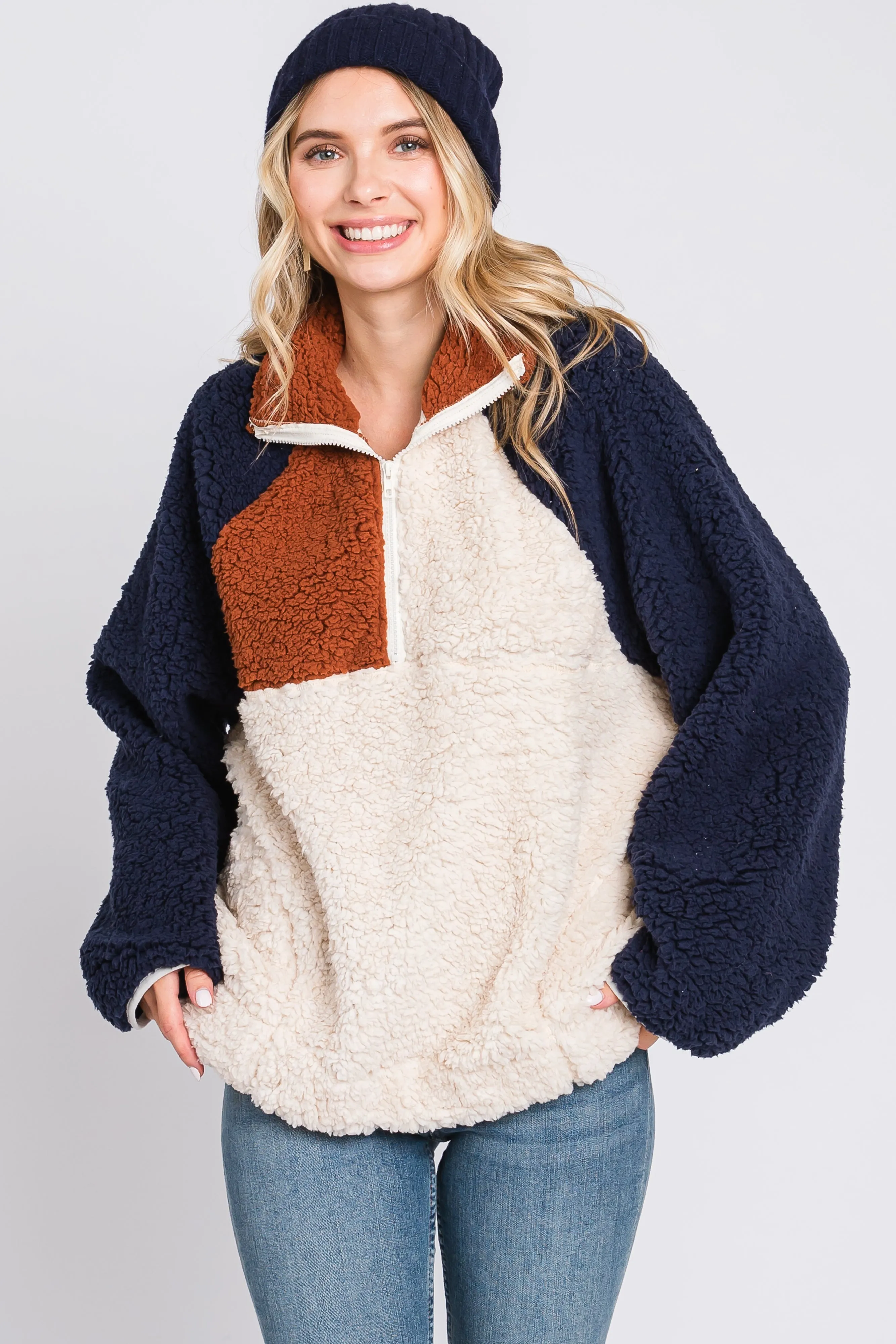Ivory Colorblock Oversized Fleece Pullover Top sold by Pinkblush product image thumbnail 4