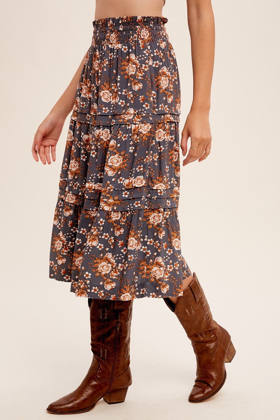 Vintage Blue Floral Printed Tiered Midi Skirt sold by Pinkblush product image thumbnail 4