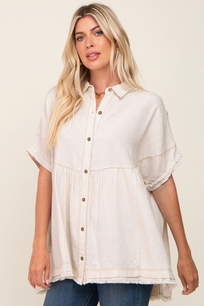 Cream Button Up Contrast Stitch Short Sleeve Top sold by Pinkblush
