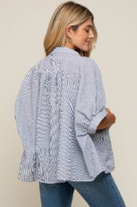 Navy Blue Striped Button-Down Dolman Short Sleeve Maternity Top sold by Pinkblush