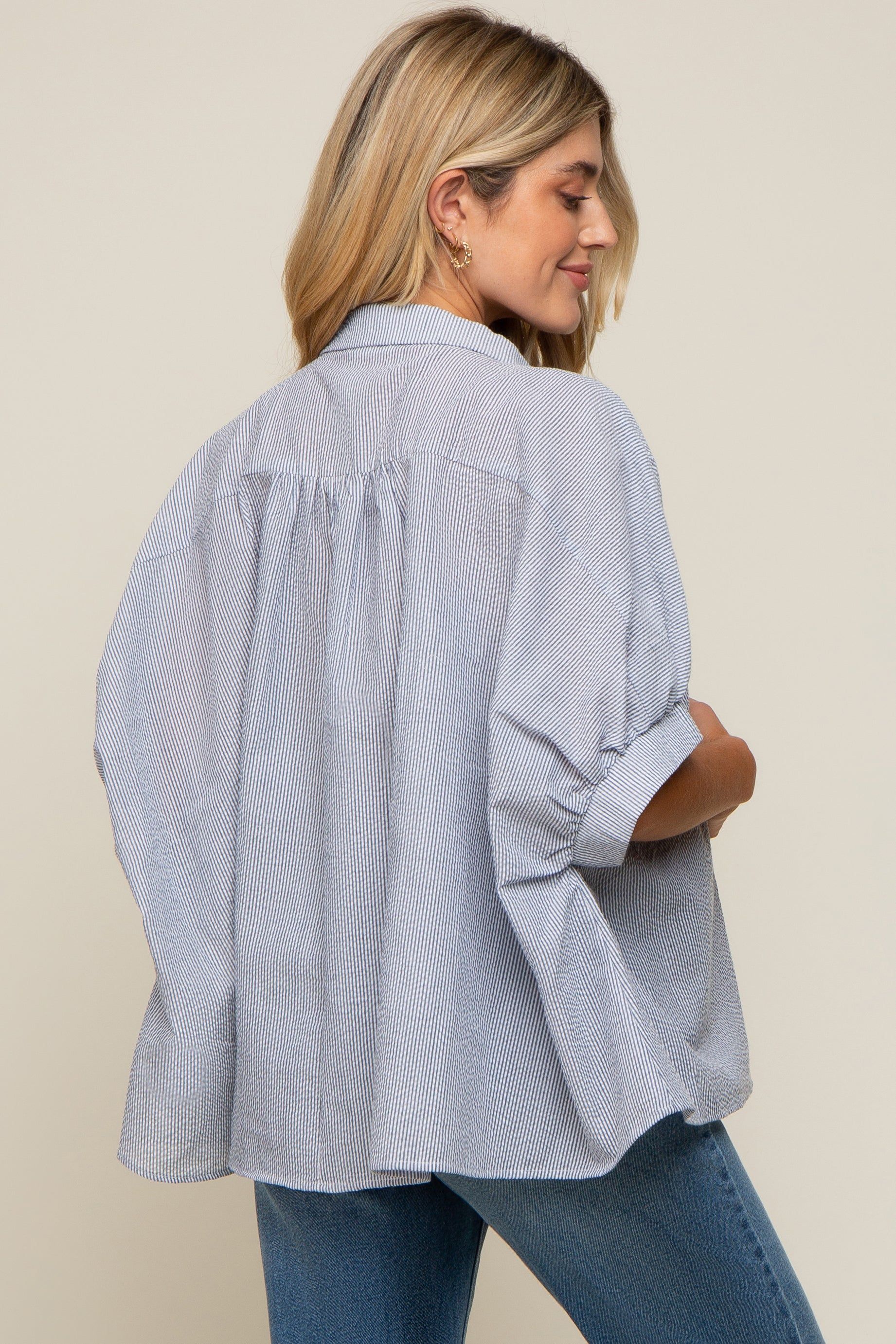 Navy Blue Striped Button-Down Dolman Short Sleeve Maternity Top sold by Pinkblush product image thumbnail 4
