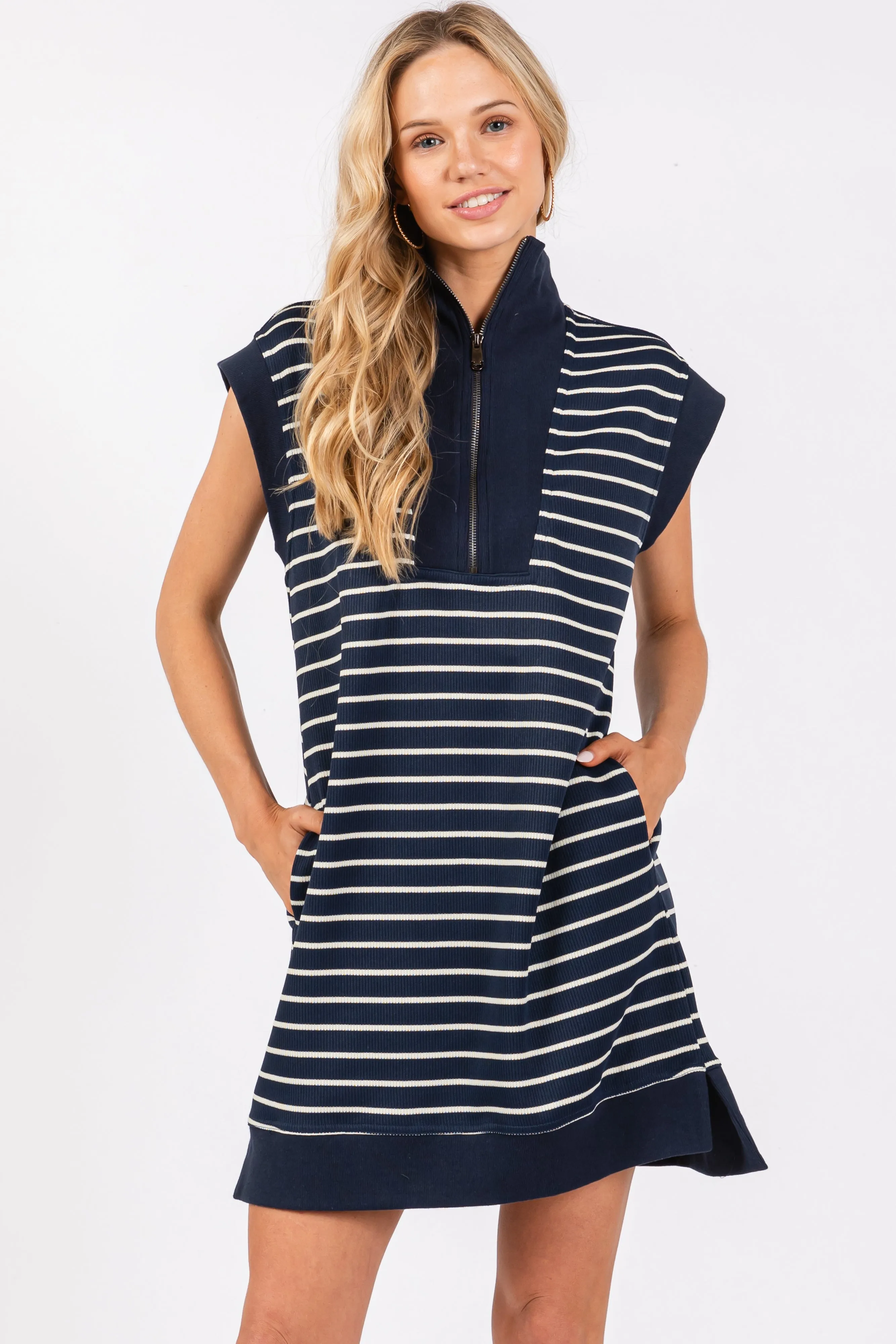 Navy Striped Knit Cap Sleeve Mini Dress sold by Pinkblush product image thumbnail 2