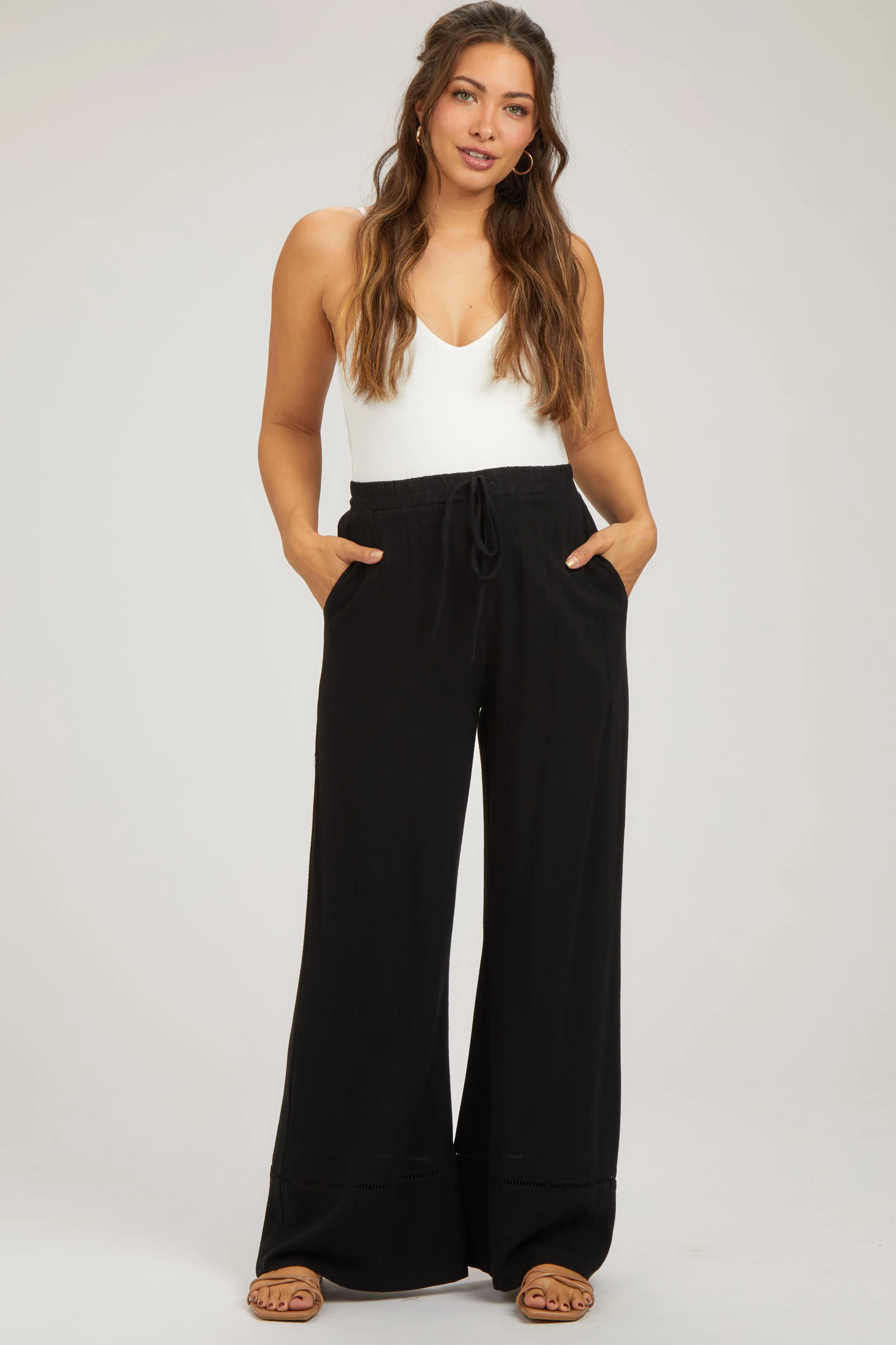 Black Linen Wide Leg Lace Trim Maternity Pants sold by Pinkblush