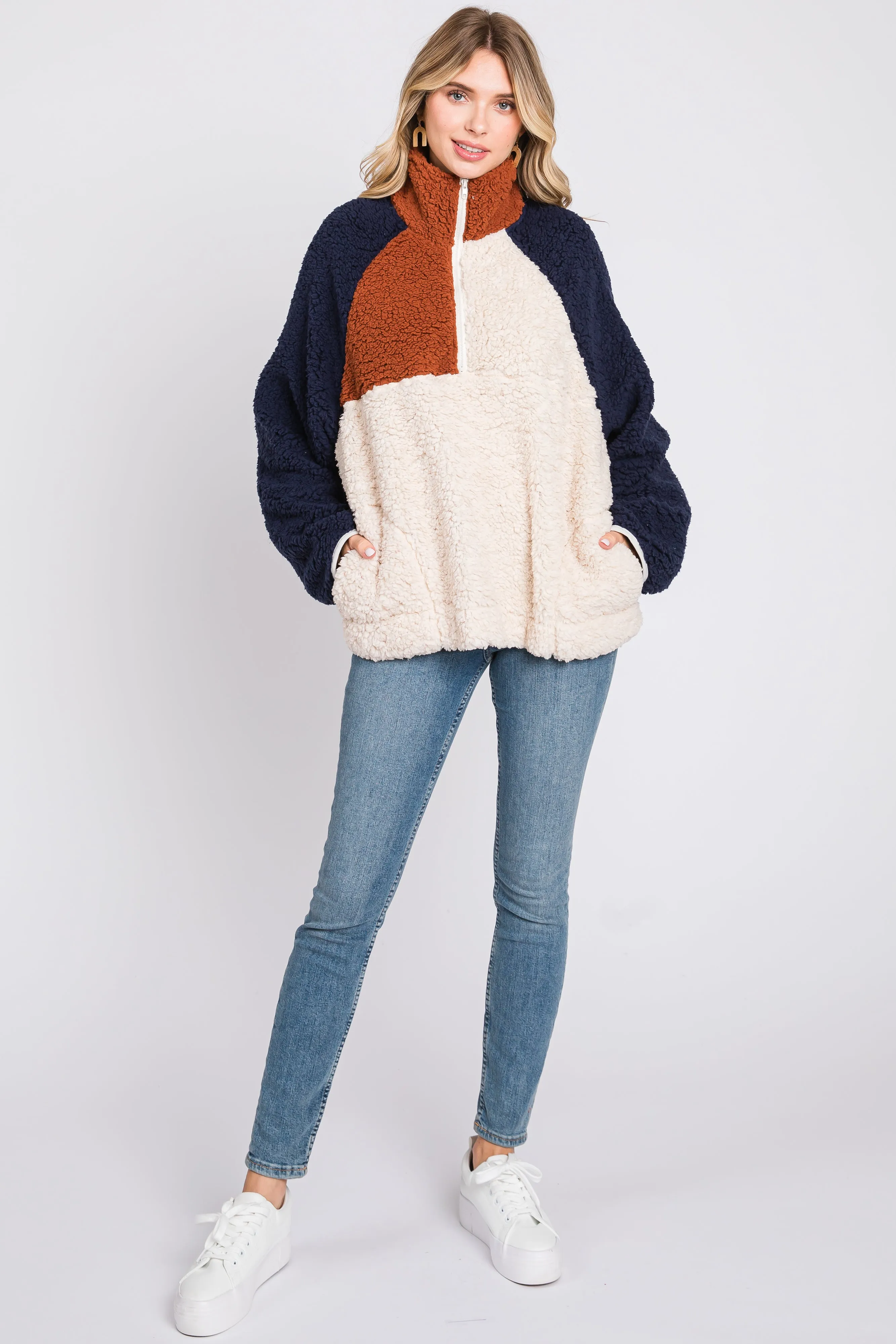 Ivory Colorblock Oversized Fleece Pullover Top sold by Pinkblush product image thumbnail 2