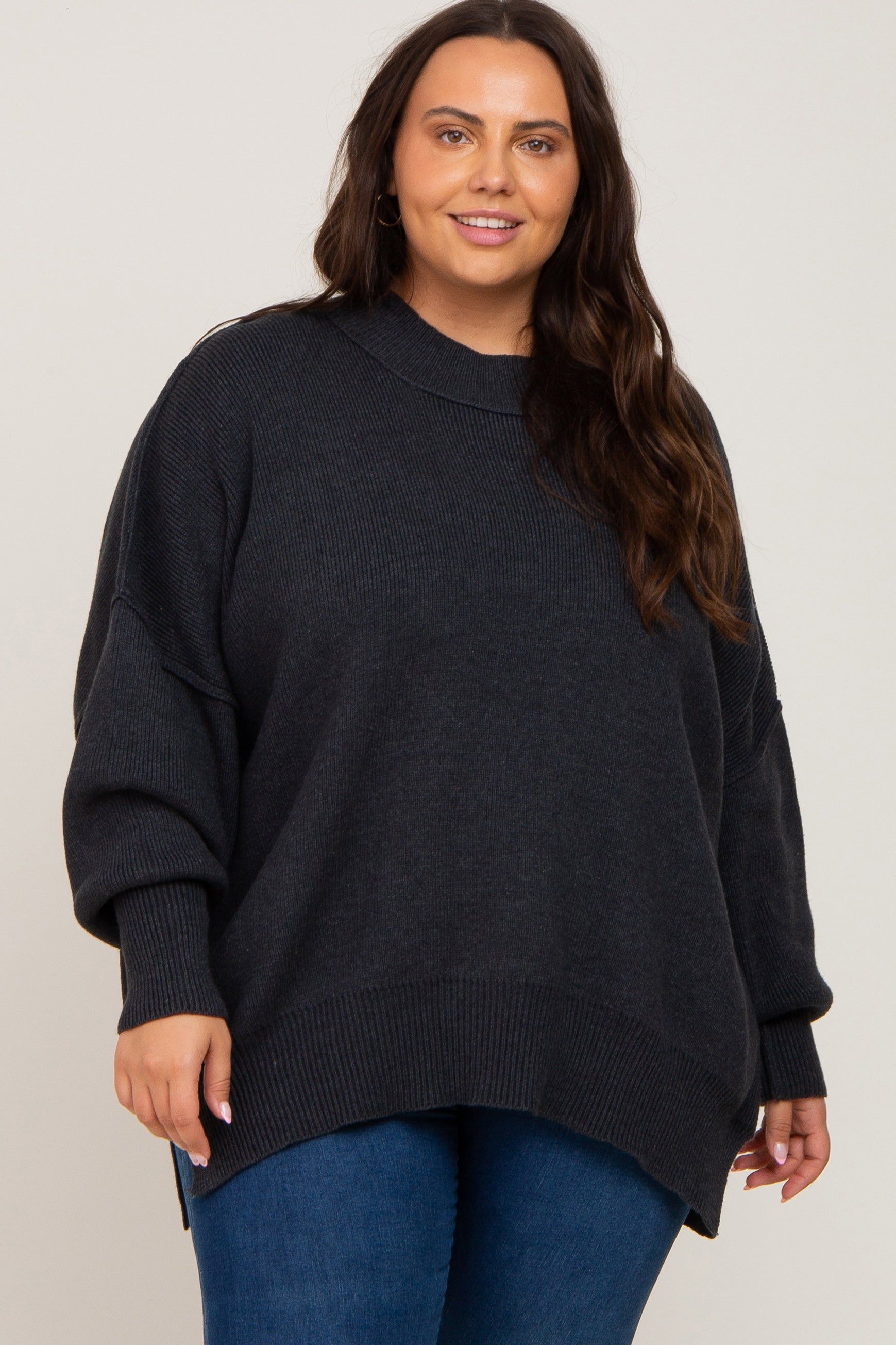 Charcoal Mock Neck Exposed Seam Plus Sweater sold by Pinkblush