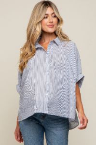 Navy Blue Striped Button-Down Dolman Short Sleeve Maternity Top sold by Pinkblush