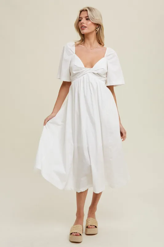 White Poplin Cotton Midi Dress With Front Twist sold by Pinkblush
