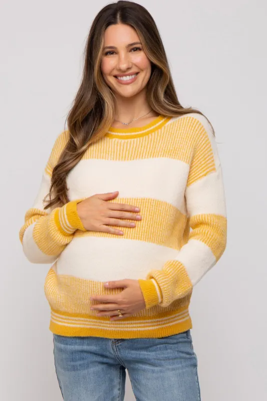 Yellow Fuzzy Striped Maternity Sweater sold by Pinkblush