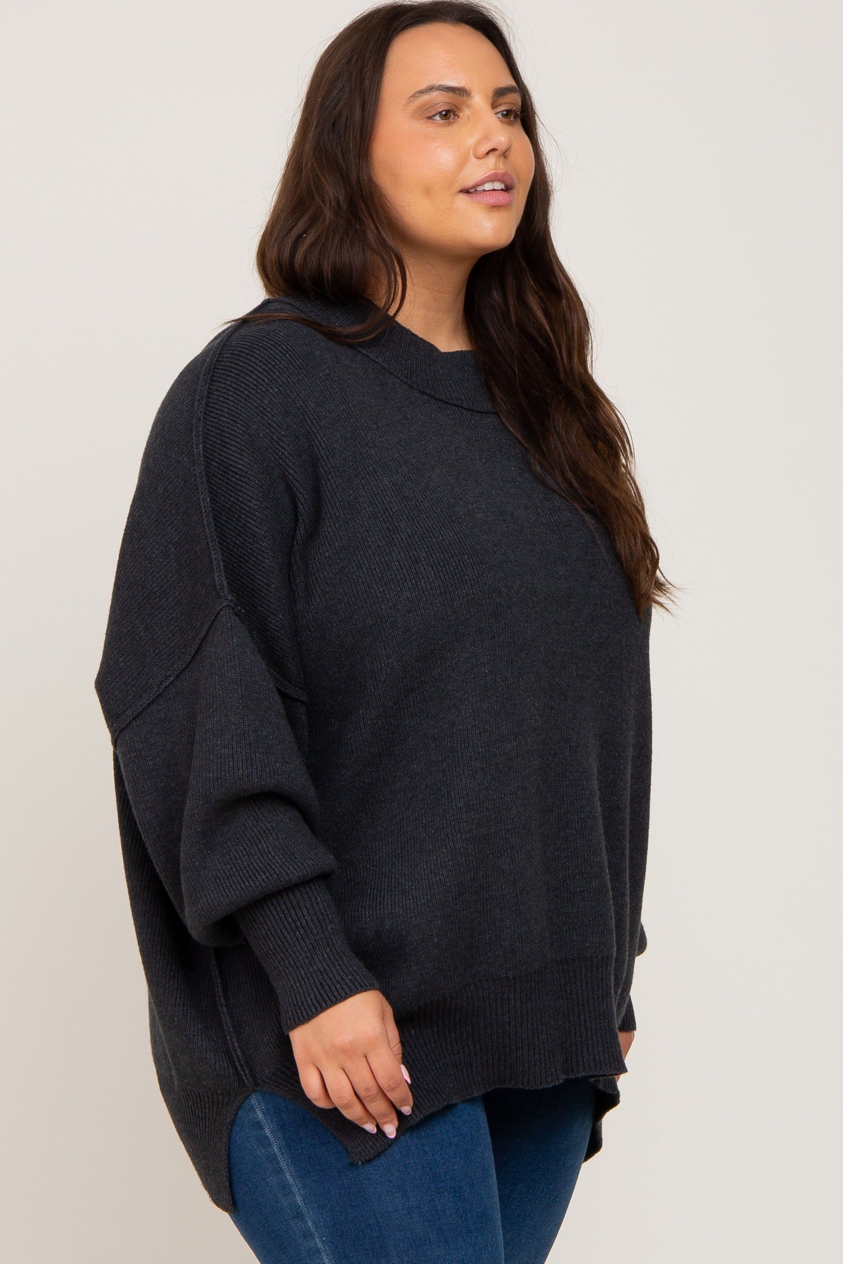 Charcoal Mock Neck Exposed Seam Plus Sweater sold by Pinkblush product image thumbnail 2