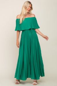 Green Pleated Layered Off Shoulder Maxi Dress sold by Pinkblush