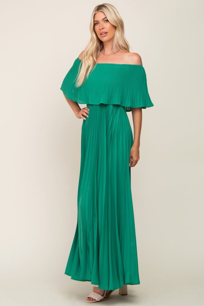 Green Pleated Layered Off Shoulder Maxi Dress sold by Pinkblush product image thumbnail 2