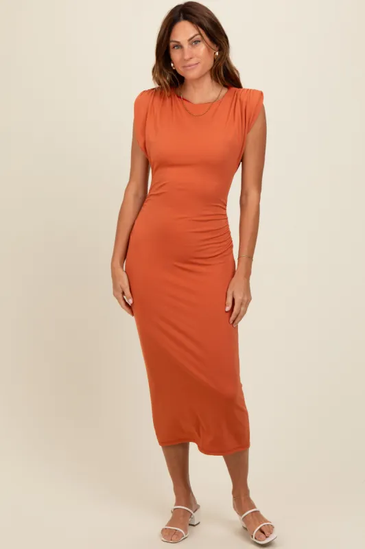 Rust Padded Shoulder Fitted Midi Dress sold by Pinkblush