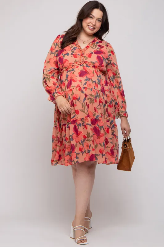 Mauve Floral Ruffle V-Neck Maternity Plus Dress sold by Pinkblush
