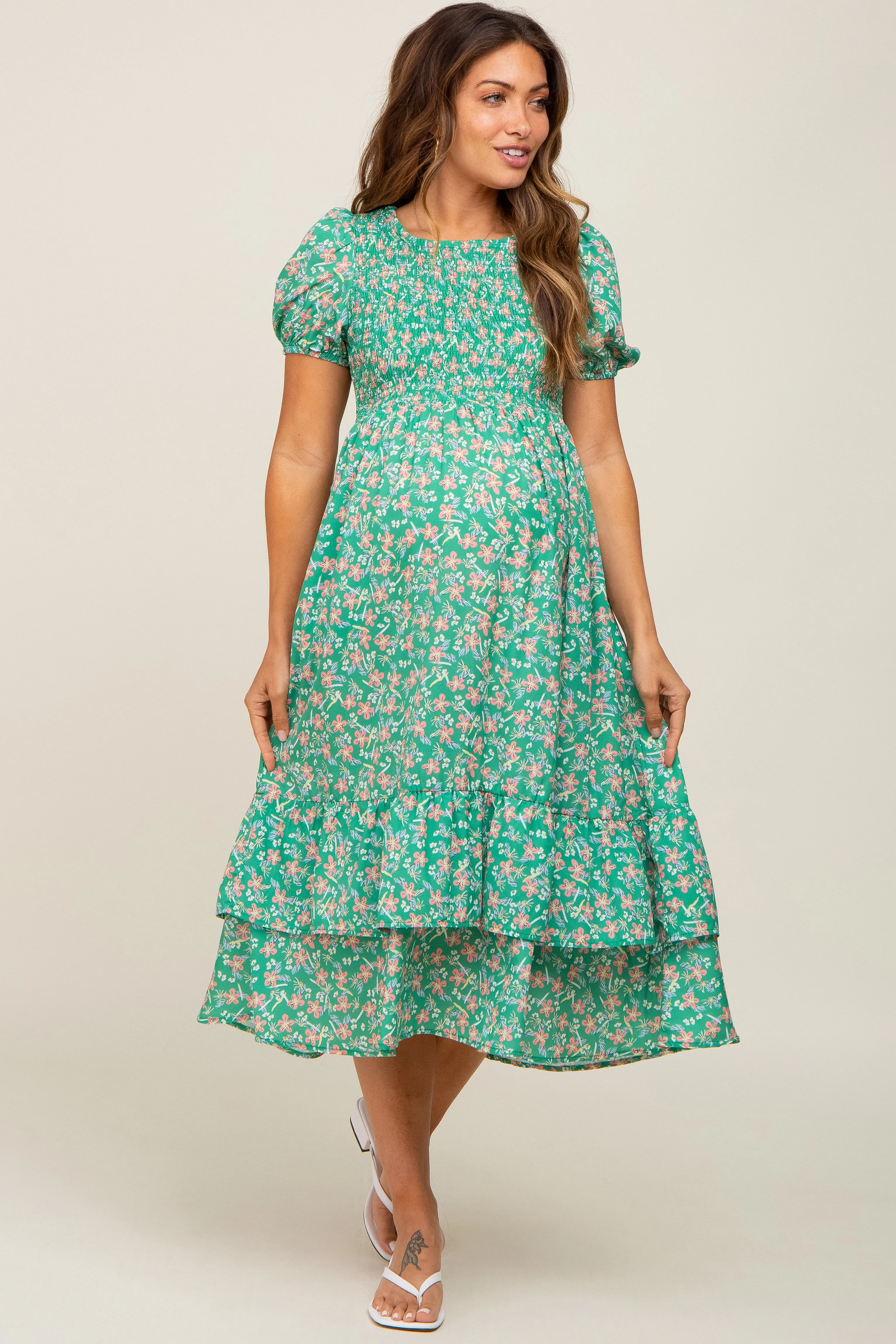 Green Floral Smocked Layered Maternity Midi Dress sold by Pinkblush product image thumbnail 2