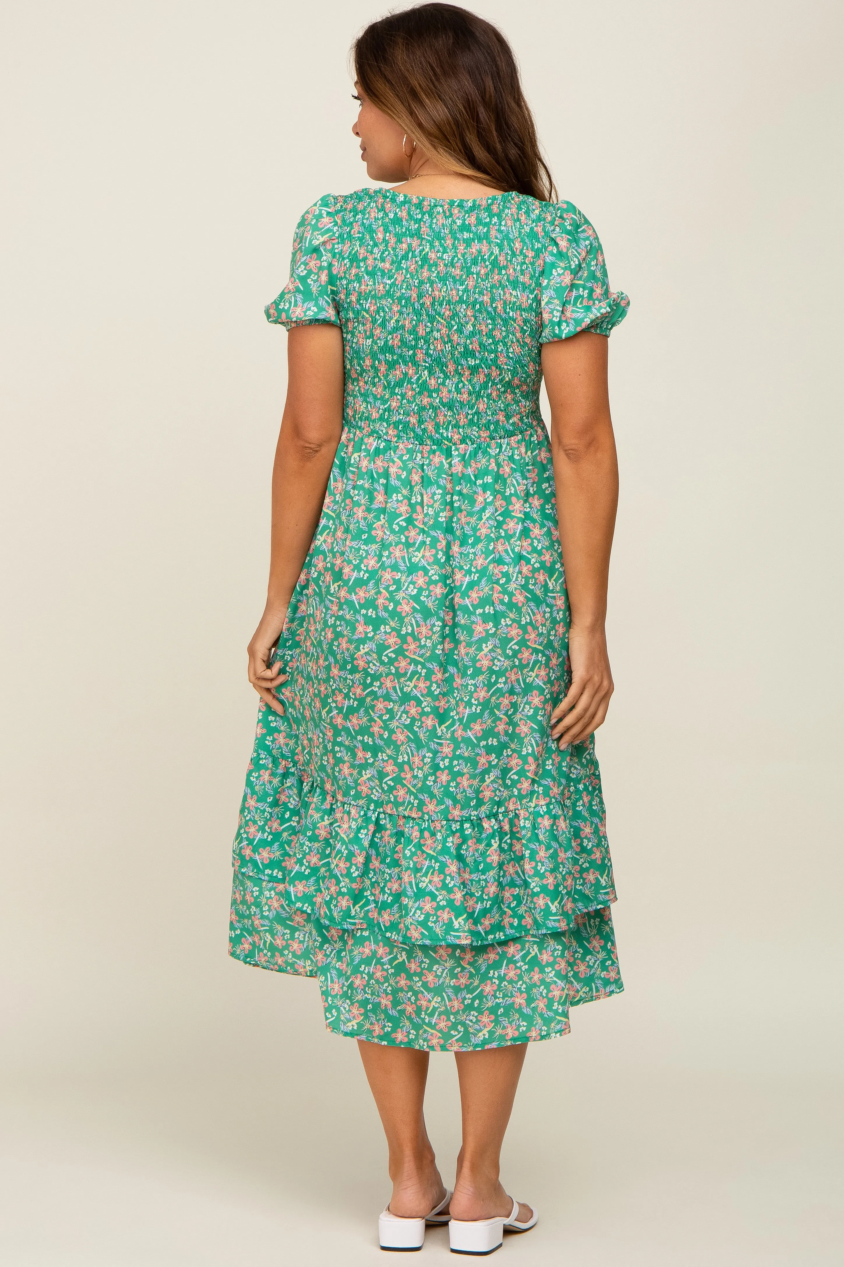 Green Floral Smocked Layered Maternity Midi Dress sold by Pinkblush product image thumbnail 3