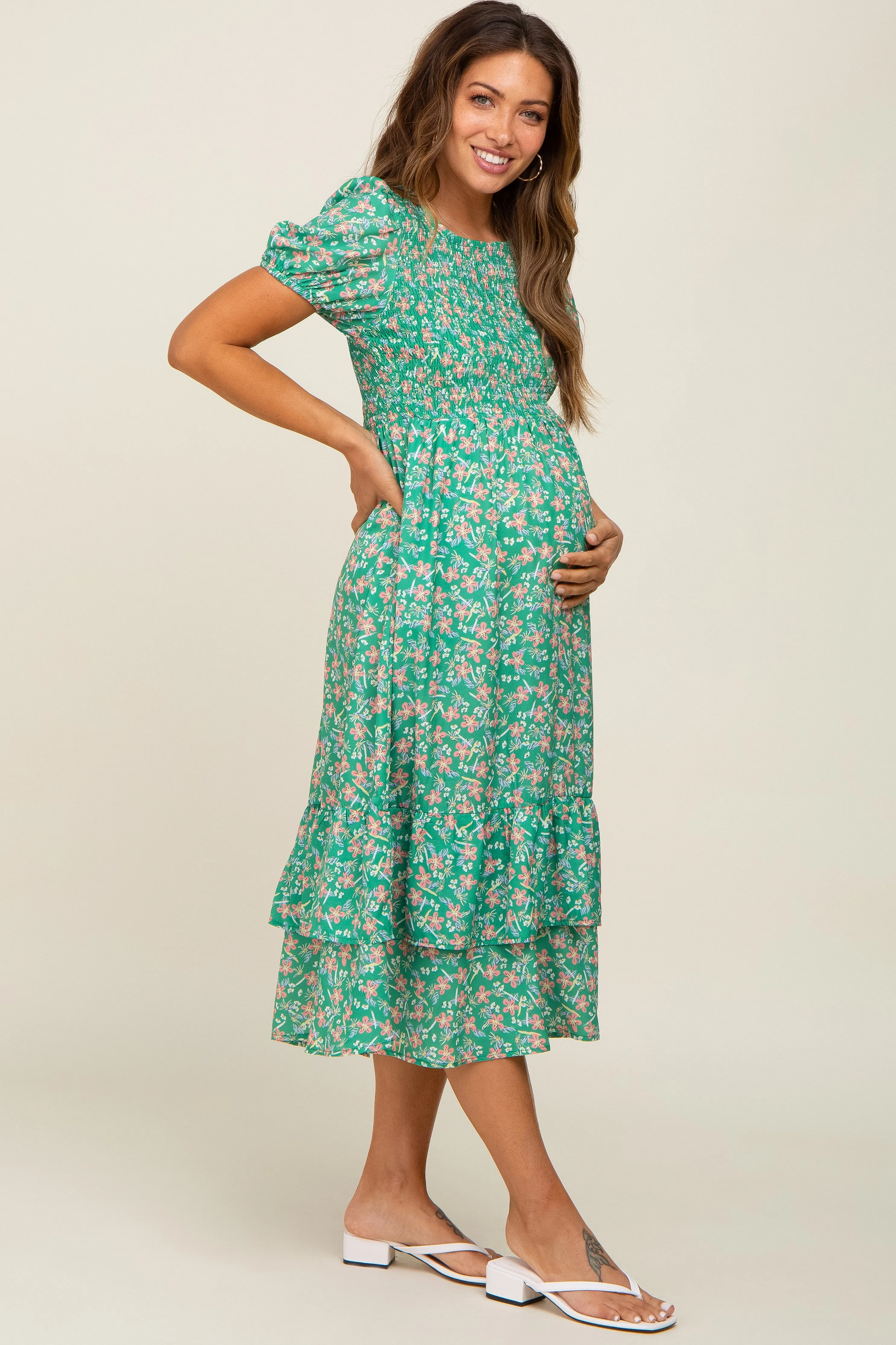 Green Floral Smocked Layered Maternity Midi Dress sold by Pinkblush